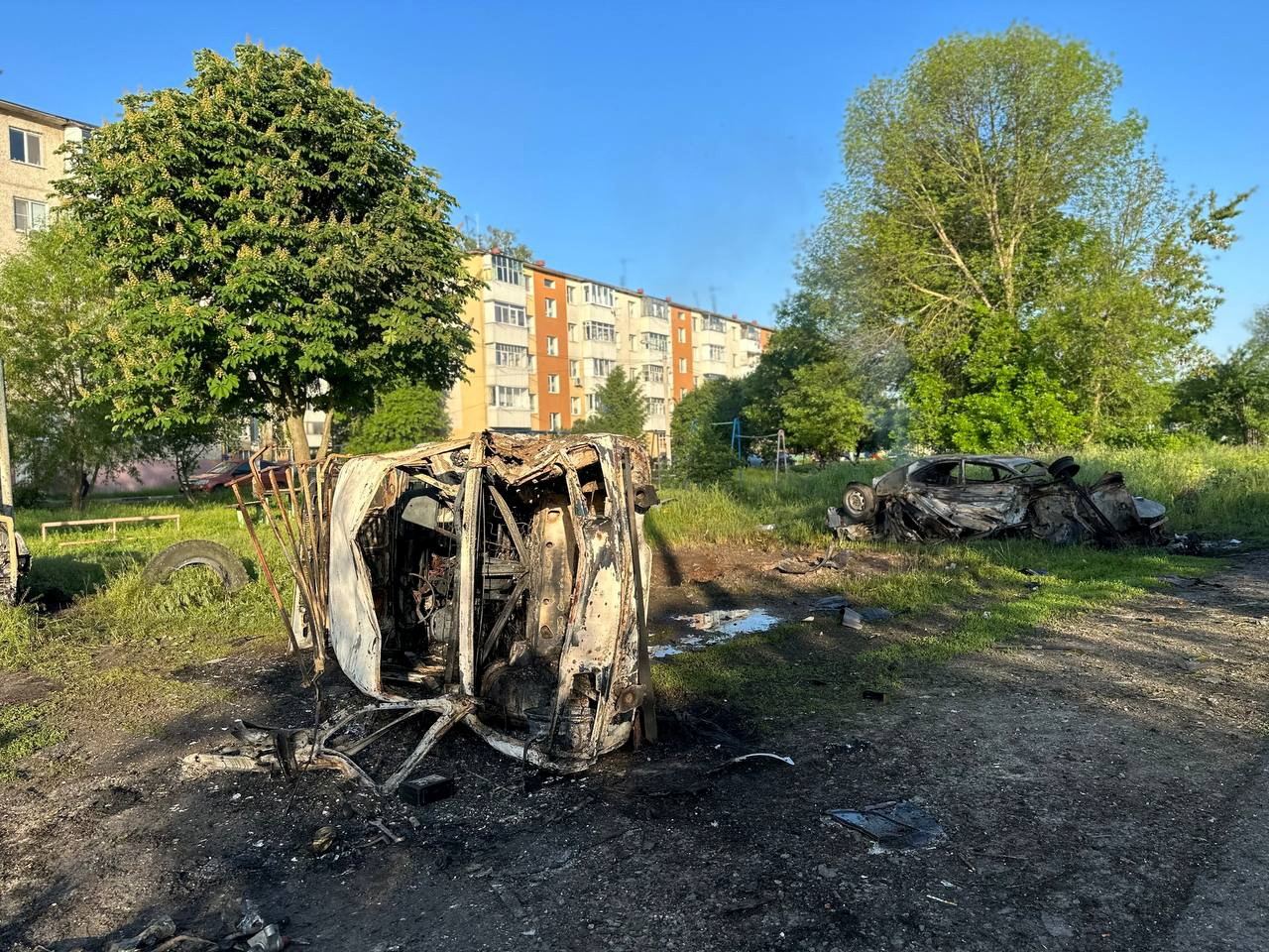 A view shows destroyed vehicles following what was said to be Ukrainian forces' shelling in the course of Russia-Ukraine conflict in the town of Shebekino in the Belgorod region, Russia, in this handout image released May 31, 2023. Governor of Russia's Belgorod Region Vyacheslav Gladkov via Telegram