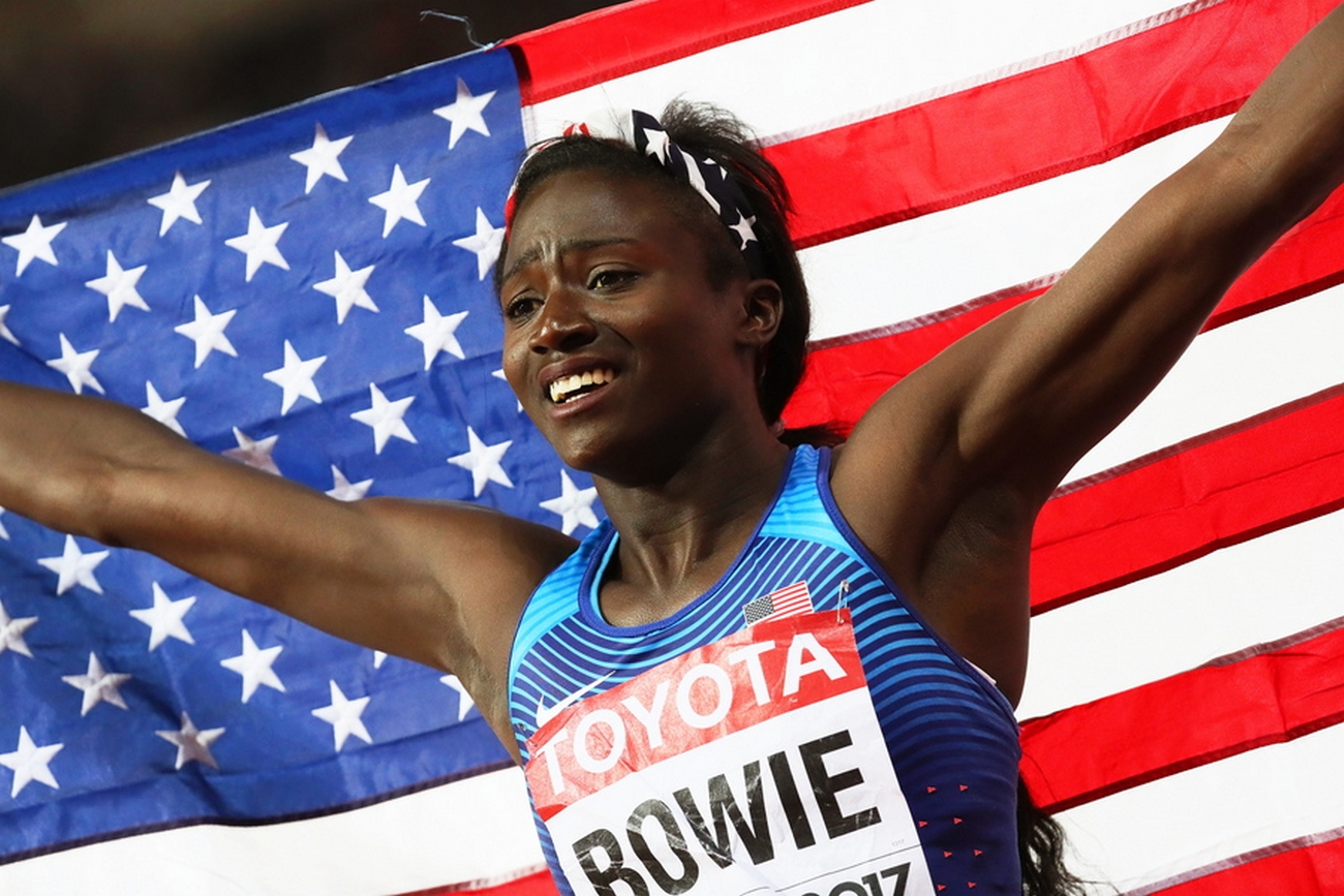 epa10606238 (FILE) - Gold medalist Tori Bowie of the USA celebrates winning the women's 100m at the London 2017 IAAF World Championships in London, Britain, 06 August 2017 (reissued 03 May 2023). Olympic gold medalist Tori Bowie died at the age of 32, her agent said on 03 May 2023.  EPA