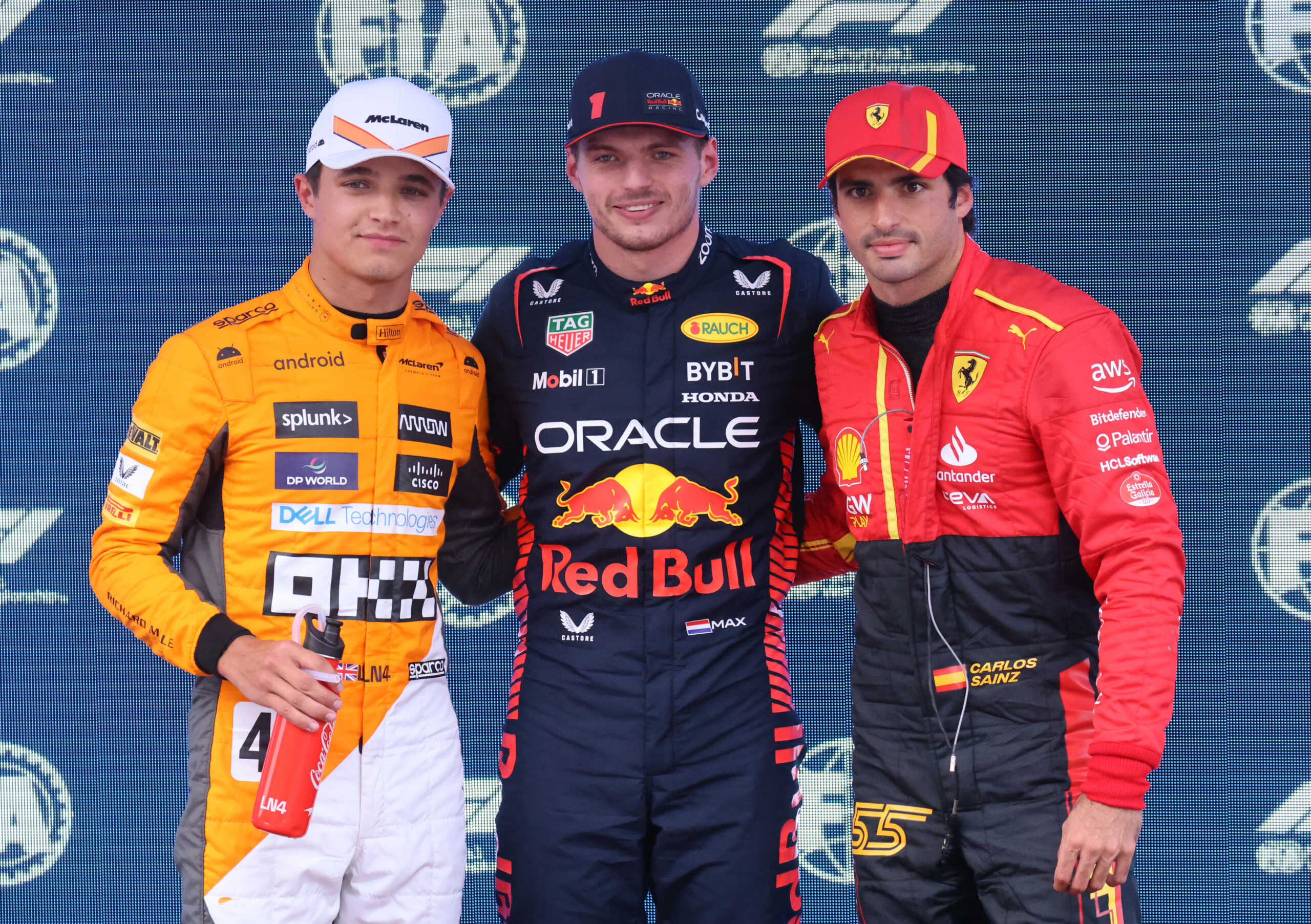 Formula One F1 - Spanish Grand Prix - Circuit de Barcelona-Catalunya, Barcelona, Spain - June 3, 2023 Red Bull's Max Verstappen celebrates after qualifying in pole position with second placed Ferrari's Carlos Sainz Jr. and third placed McLaren's Lando Norris REUTERS