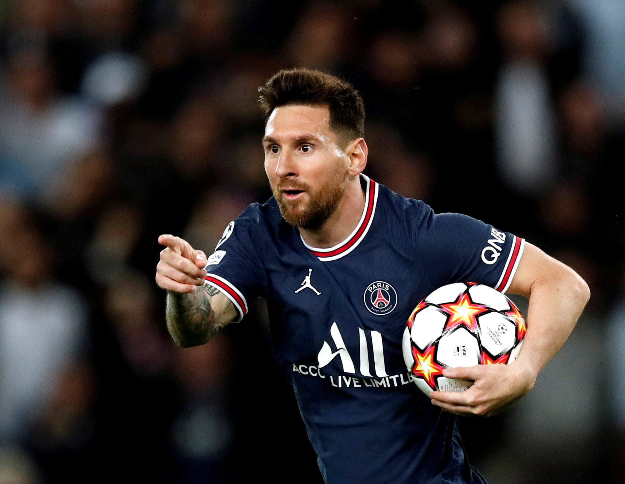 FILE PHOTO: Soccer Football - Champions League - Group A - Paris St Germain v RB Leipzig - Parc des Princes, Paris, France - October 19, 2021 Paris St Germain's Lionel Messi celebrates scoring their second goal REUTERS
