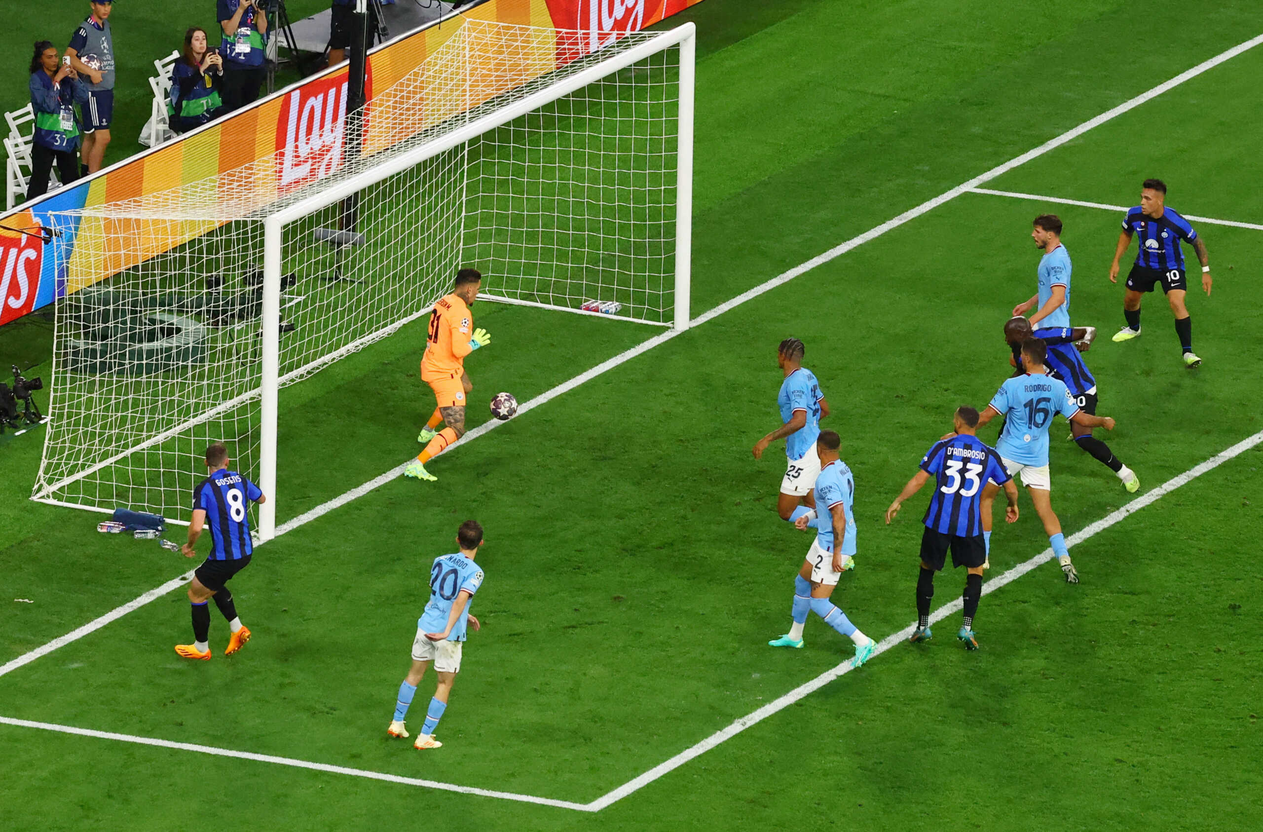 Soccer Football - Champions League Final - Manchester City v Inter Milan - Ataturk Olympic Stadium, Istanbul, Turkey - June 10, 2023 Manchester City's Ederson makes a save from Inter Milan's Romelu Lukaku REUTERS