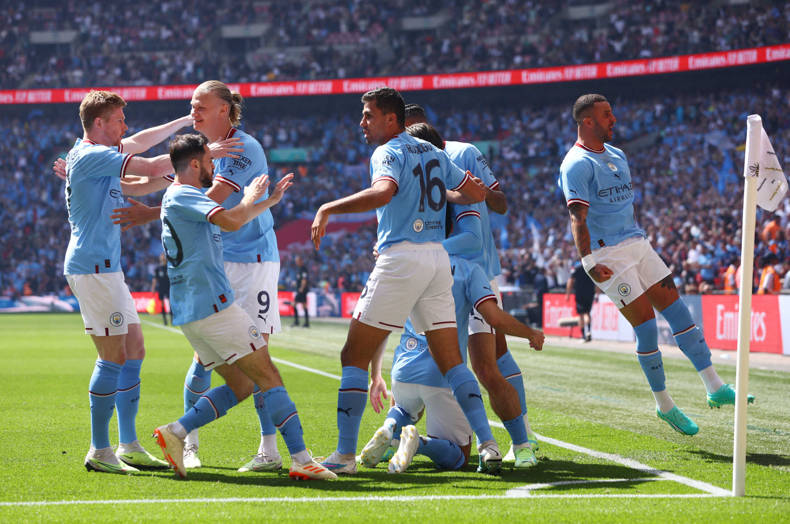 Soccer Football - FA Cup Final - Manchester City v Manchester United - Wembley Stadium, London, Britain - June 3, 2023 Manchester City's Ilkay Gundogan celebrates scoring their first goal with Rodri, Kyle Walker and teammates Action Images via Reuters