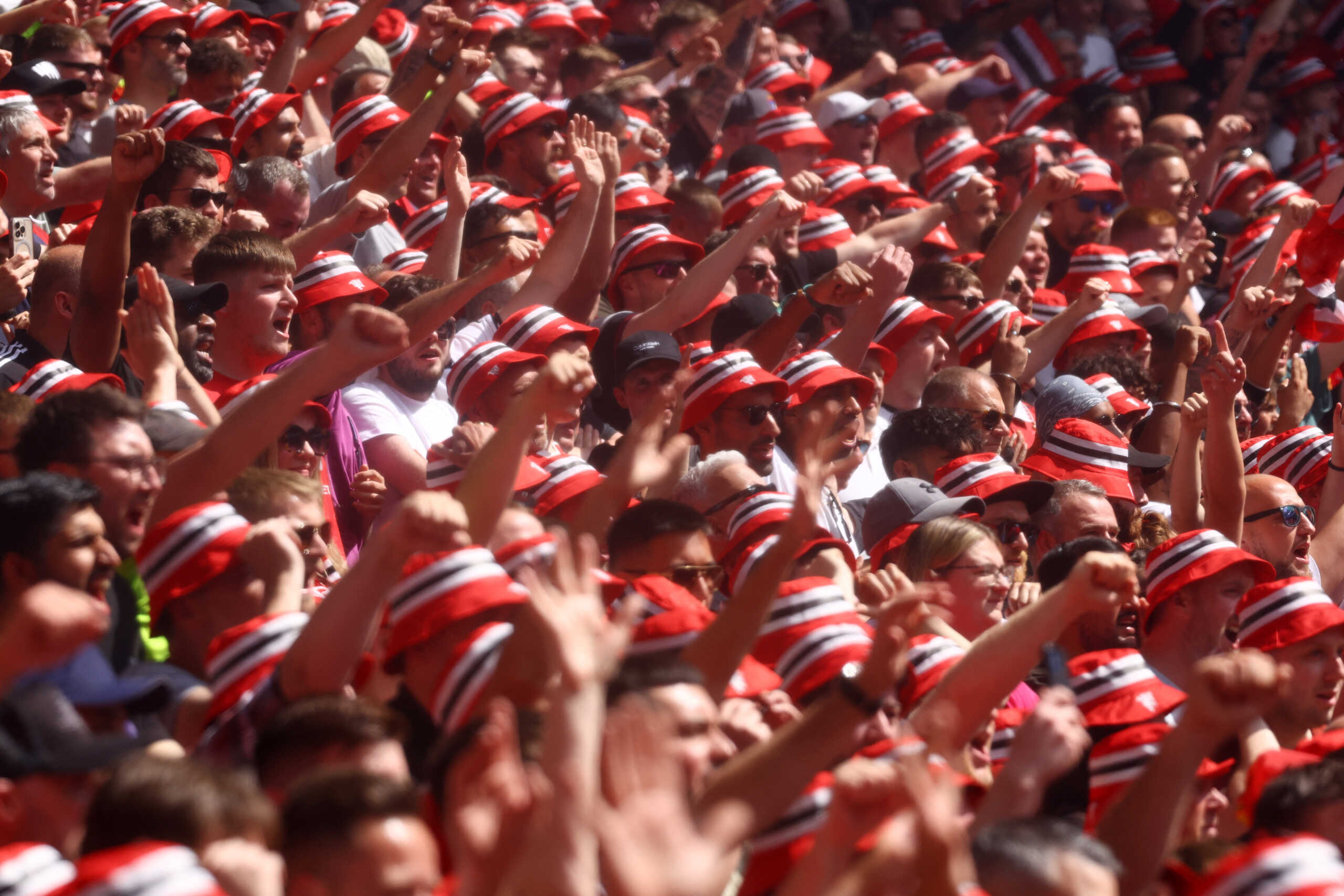 Soccer Football - FA Cup Final - Manchester City v Manchester United - Wembley Stadium, London, Britain - June 3, 2023 General view of Manchester United fans wearing bucket hats before the match Action Images via Reuters