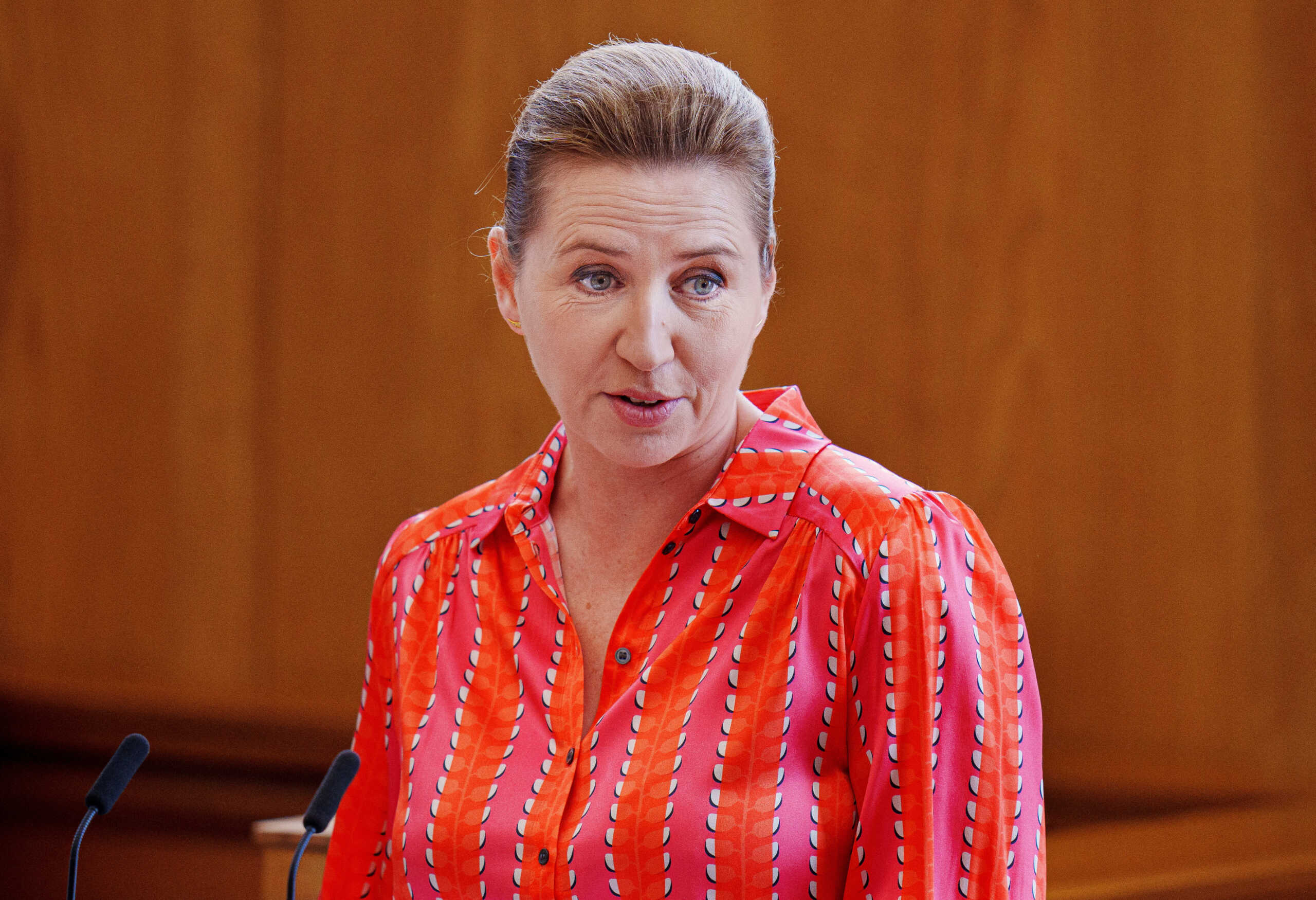 Denmark's Prime Minister Mette Frederiksen speaks during the Parliament's closing debate before the summer holidays, at Christiansborg Palace in Copenhagen, Denmark, Wednesday May 31, 2023. Liselotte Sabroe