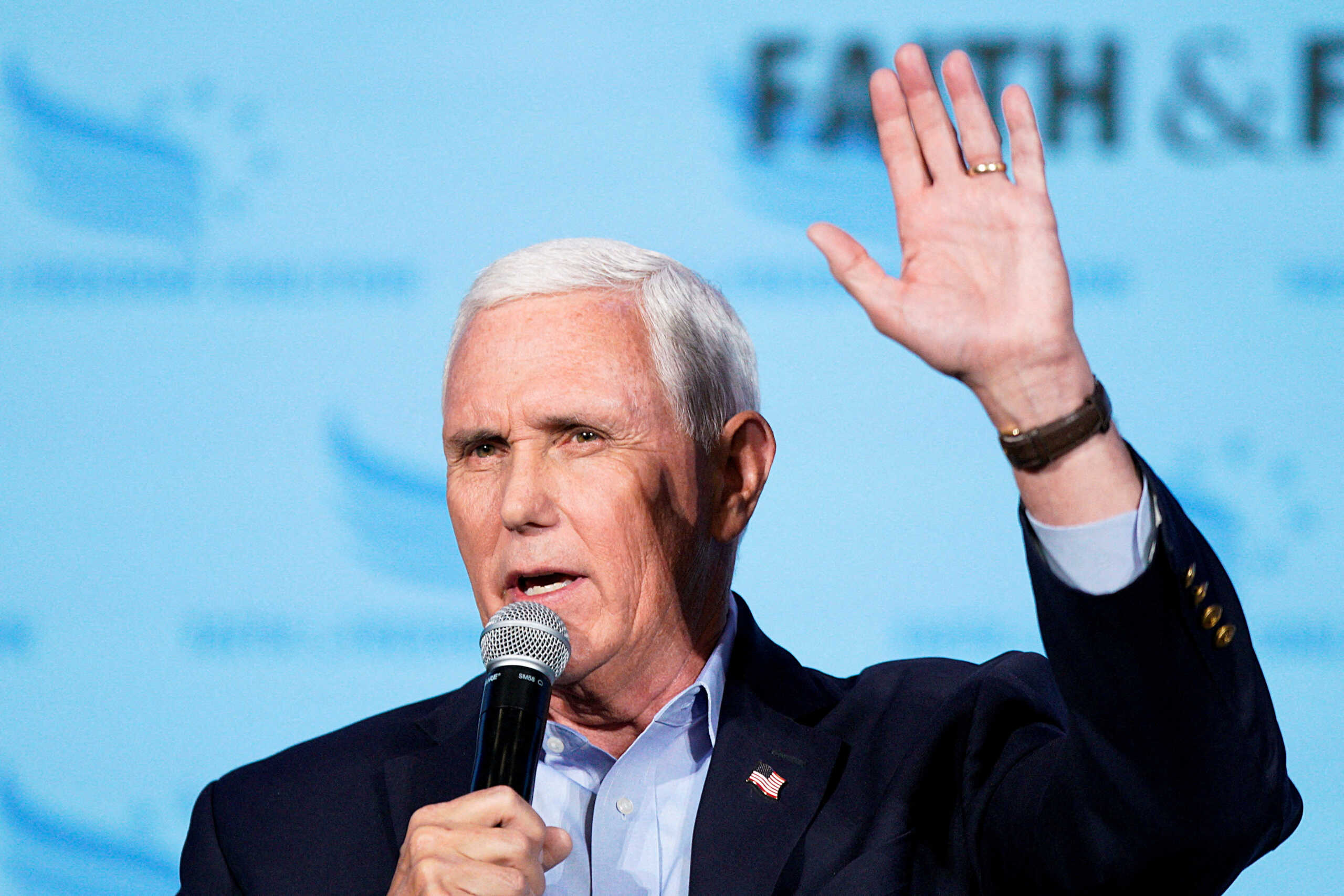 FILE PHOTO: Former U.S. Vice President Mike Pence speaks at the Iowa Faith & Freedom Coalition Spring Kick-off in West Des Moines, Iowa, U.S. April 22, 2023. REUTERS
