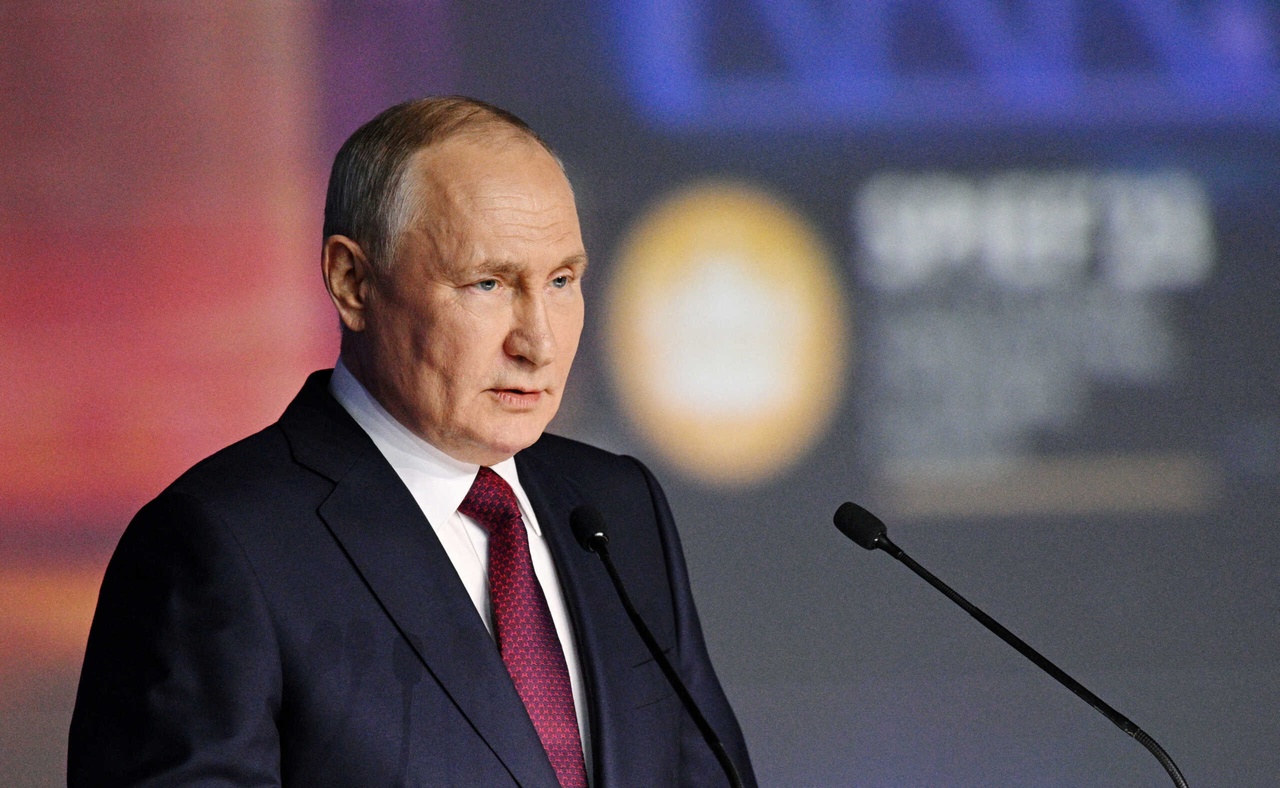 FILE PHOTO: Russian President Vladimir Putin delivers a speech during a session of the St. Petersburg International Economic Forum (SPIEF) in Saint Petersburg, Russia, June 16, 2023. Ramil Sitdikov