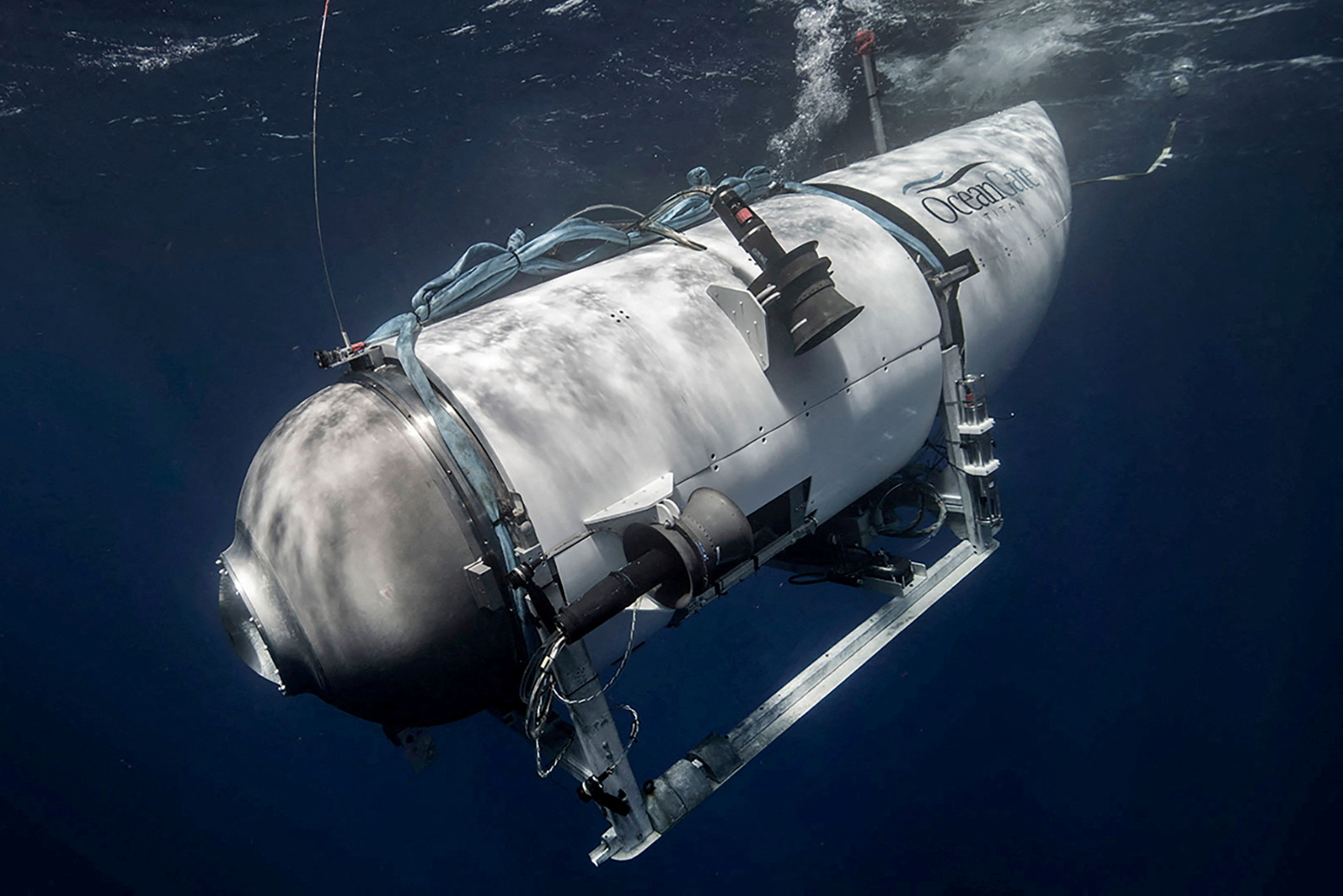 The Titan submersible, operated by OceanGate Expeditions to explore the wreckage of the sunken Titanic off the coast of Newfoundland, dives in an undated photograph. OceanGate Expeditions