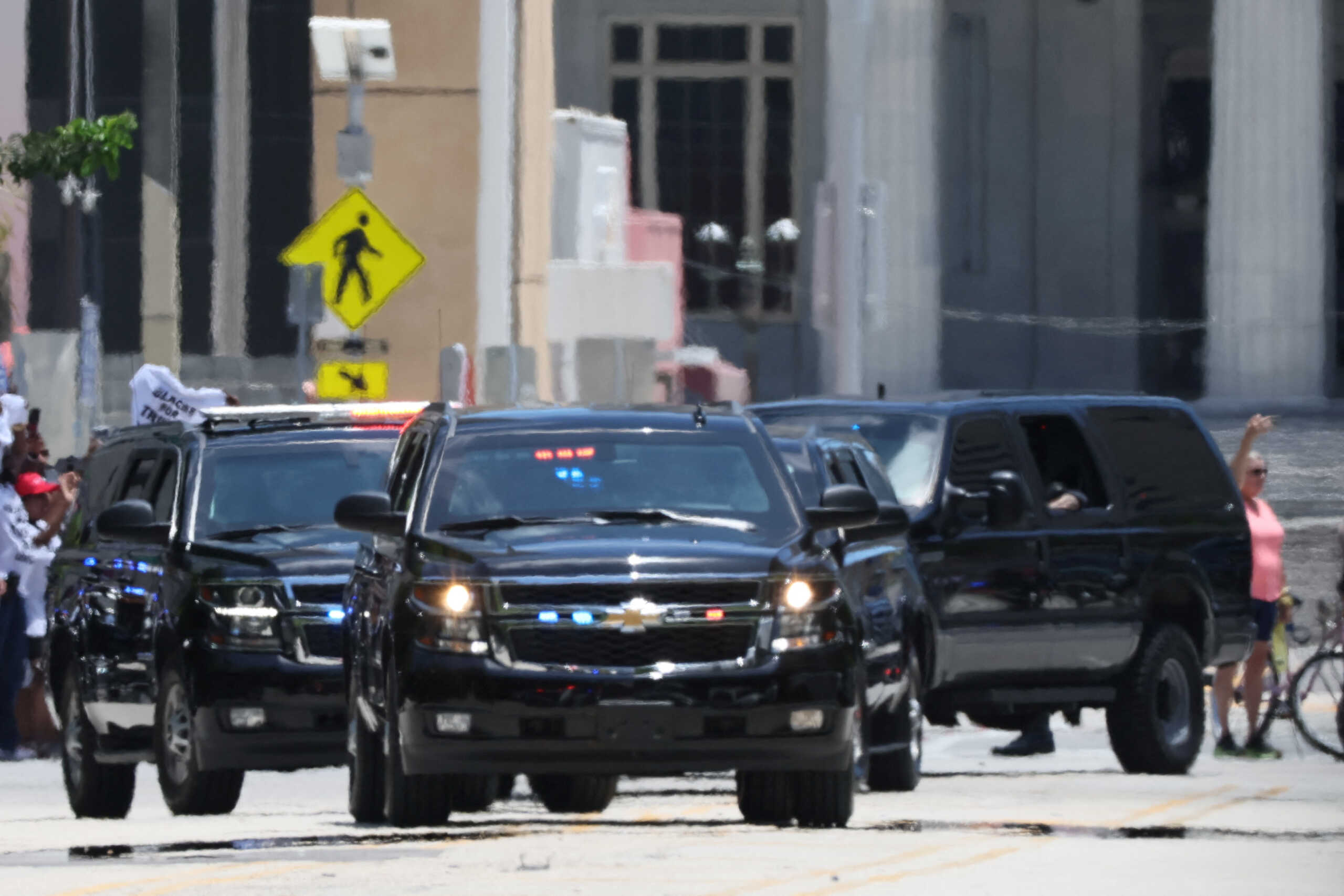 The motorcade former U.S. President Donald Trump arrives at the Wilkie D. Ferguson Jr. United States Courthouse, to appear at his arraignment on classified document charges, in Miami, Florida, U.S., June 13, 2023. REUTERS