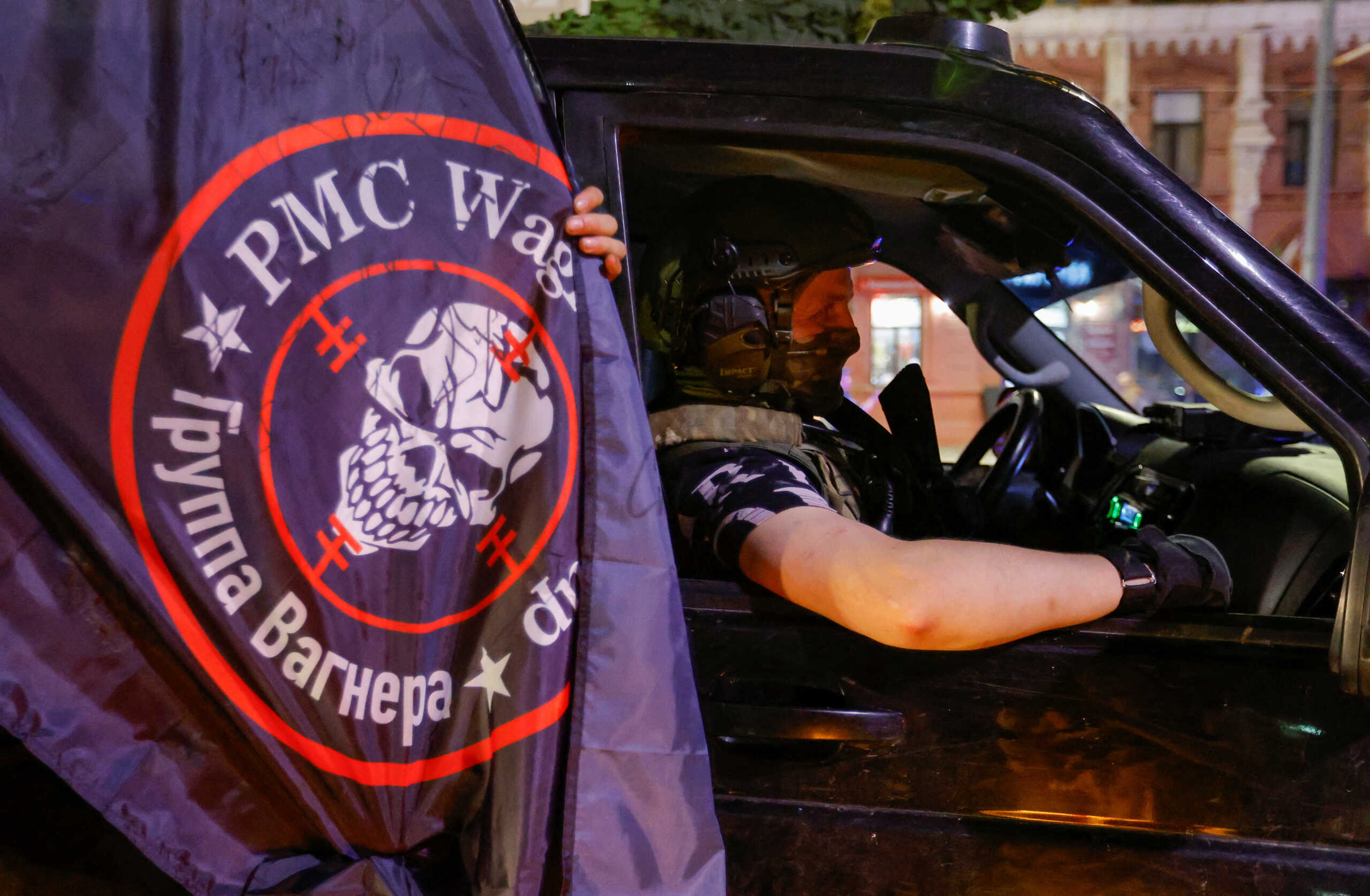 Fighters of Wagner private mercenary group pull out of the headquarters of the Southern Military District to return to base, in the city of Rostov-on-Don, Russia, June 24, 2023. REUTERS
