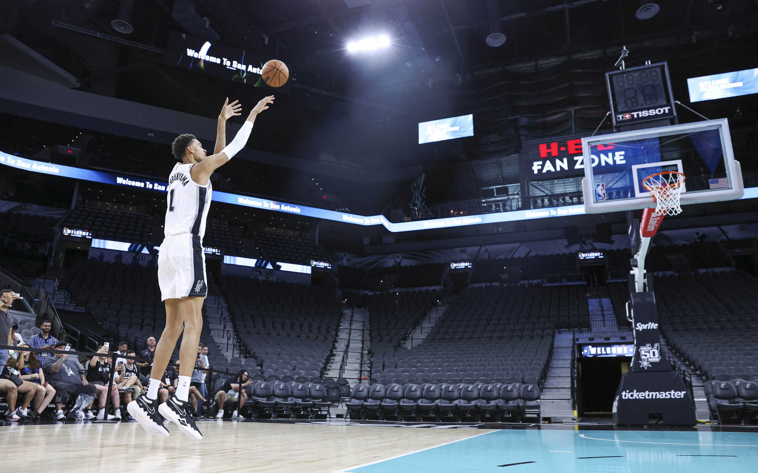 Jun 24, 2023; San Antonio, TX, USA; San Antonio Spurs draft pick Victor Wembanyama shoots around at a press conference at AT&T Center. Mandatory Credit: Troy Taormina-USA TODAY Sports