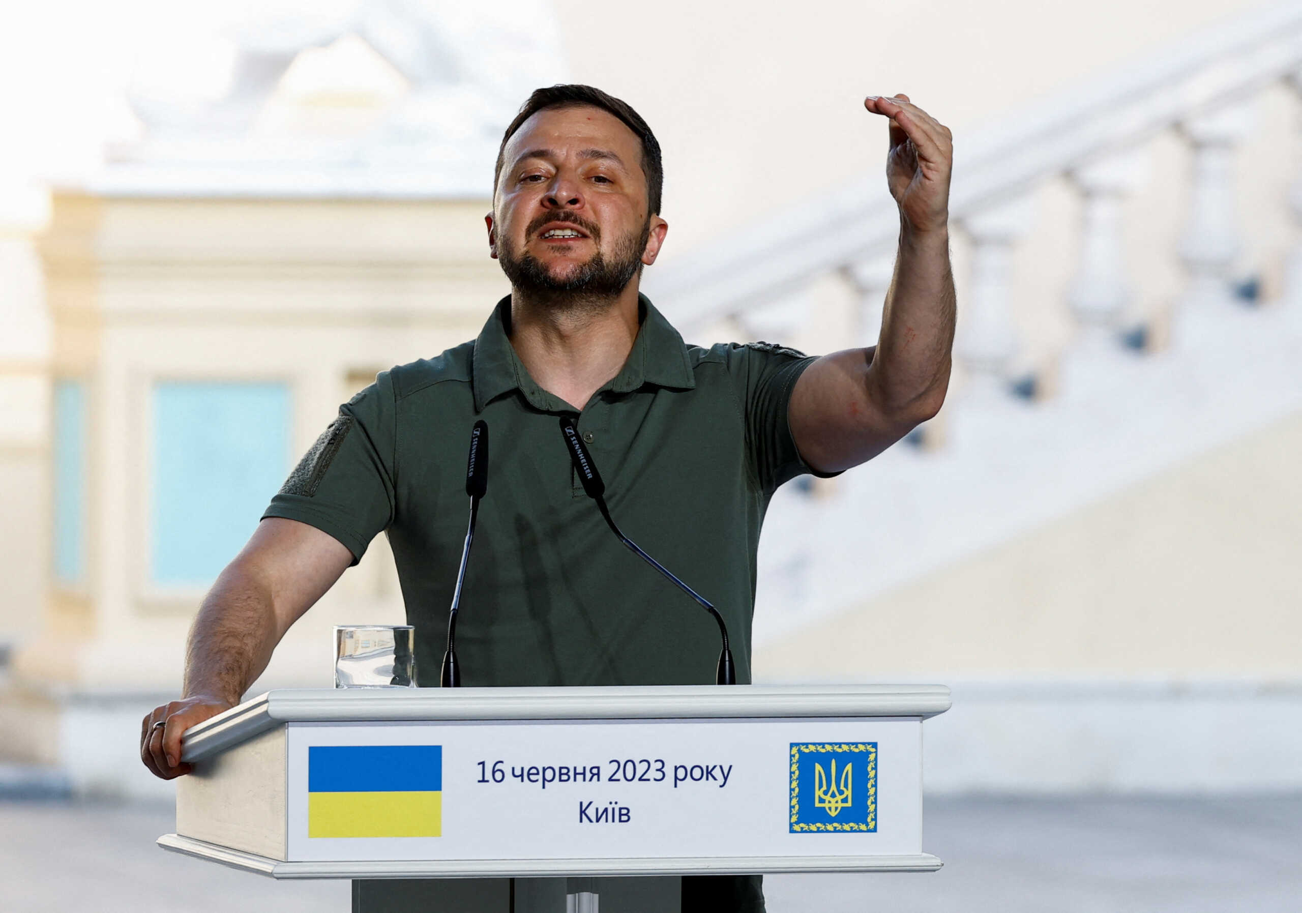 Ukraine's President Volodymyr Zelenskiy gestures during a joint press conference with African leaders, amid Russia's attack on Ukraine, in Kyiv, Ukraine June 16, 2023. REUTERS