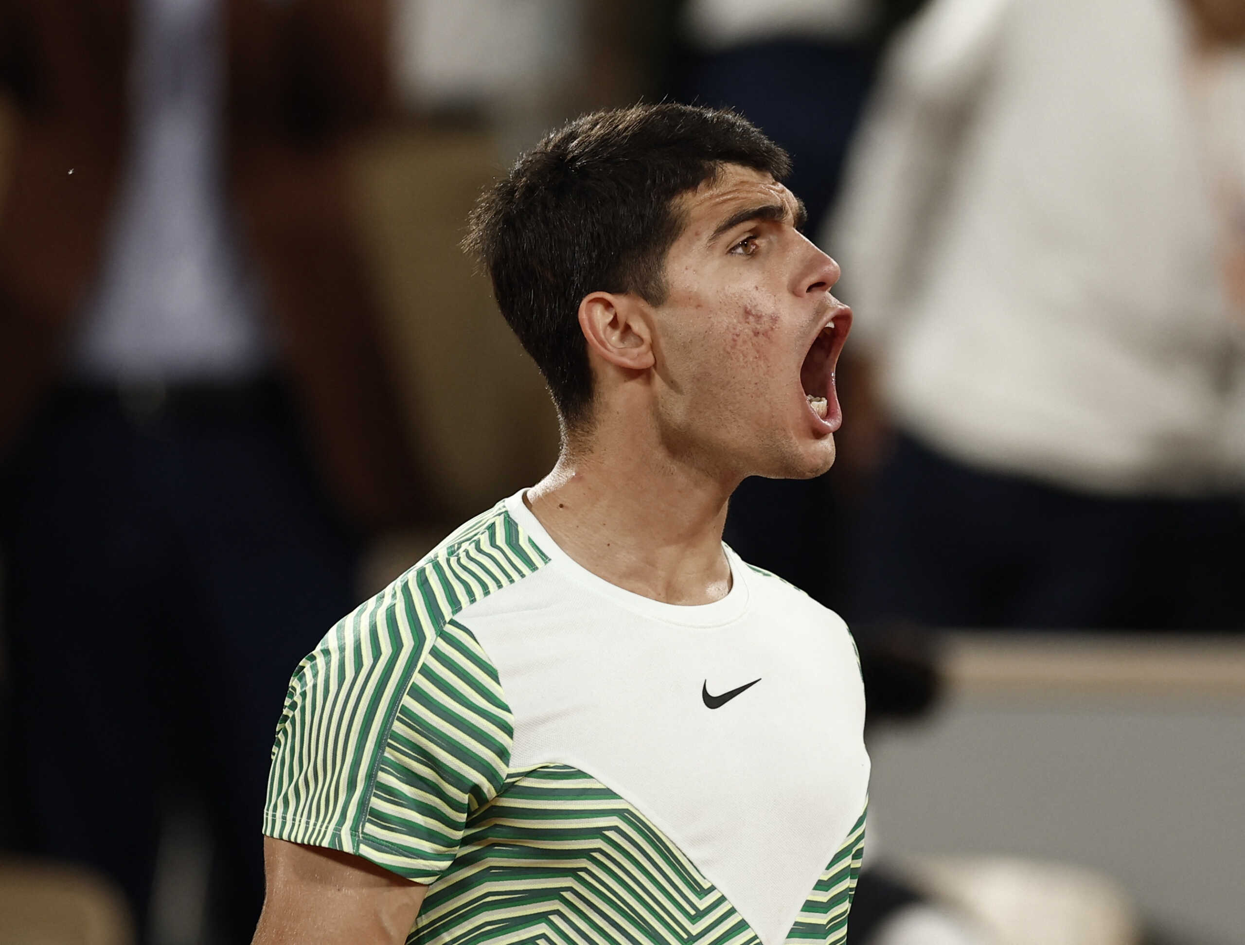 Tennis - French Open - Roland Garros, Paris, France - June 6, 2023 Spain's Carlos Alcaraz celebrates after winning his quarter final match against Greece's Stefanos Tsitsipas REUTERS