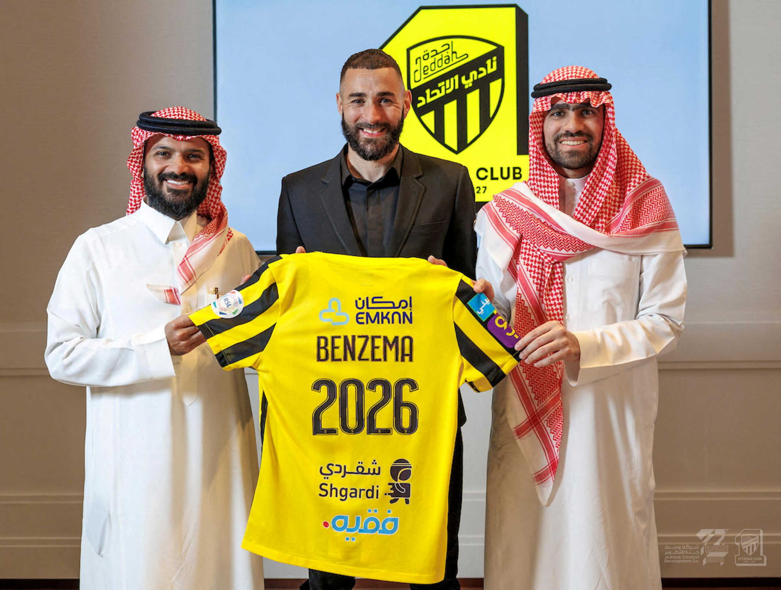 Karim Benzema poses holding the jersey of Saudi Arabian soccer team Al Ittihad in this handout photo obtained by Reuters June 6, 2023.  Al Ittihad