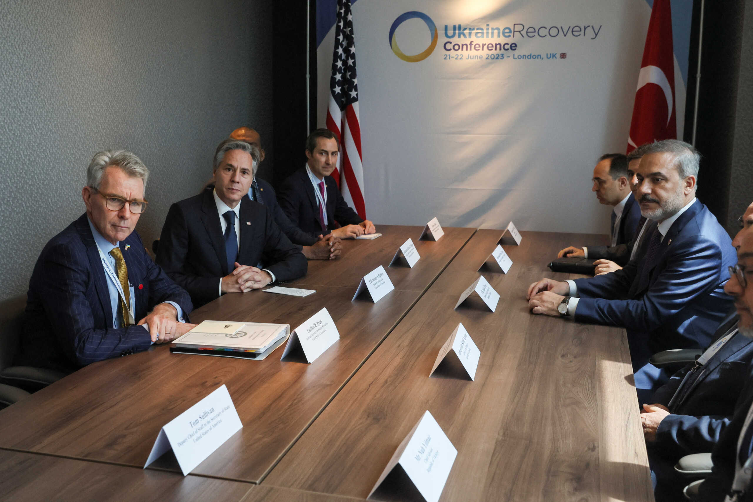 U.S. Secretary of State Antony Blinken meets with Turkish Foreign Minister Hakan Fidan at the Intercontinental O2 Hotel in London, Britain, June 21, 2023. REUTERS