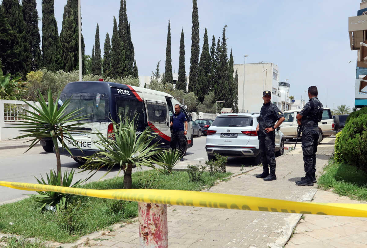 Police officers secure the area near the Brazilian embassy in Tunis, after a man stabbed a policeman near the embassy, local media reported, Tunisia June 19, 2023. REUTERS