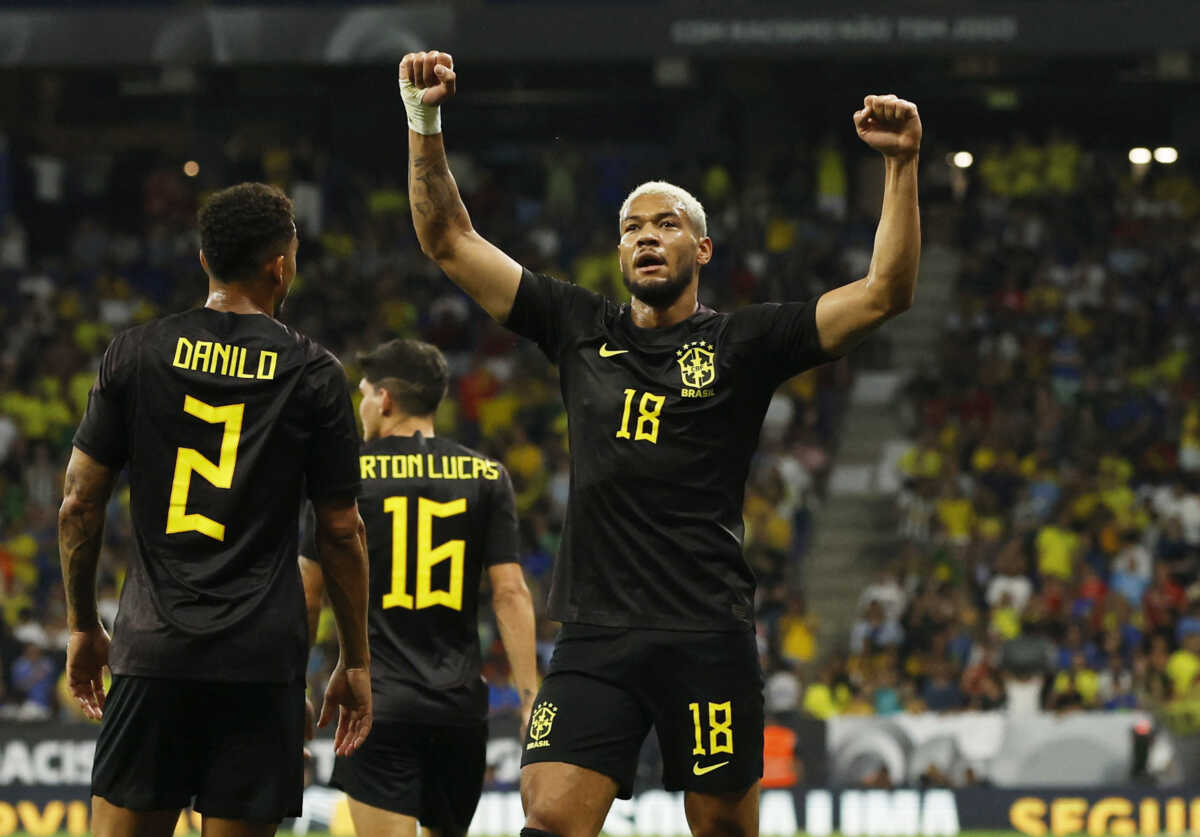 Soccer Football - International Friendly - Brazil v Guinea - Stage Front Stadium, Cornella de Llobregat, Spain - June 17, 2023   Brazil's Joelinton celebrates scoring their first goal with Danilo REUTERS