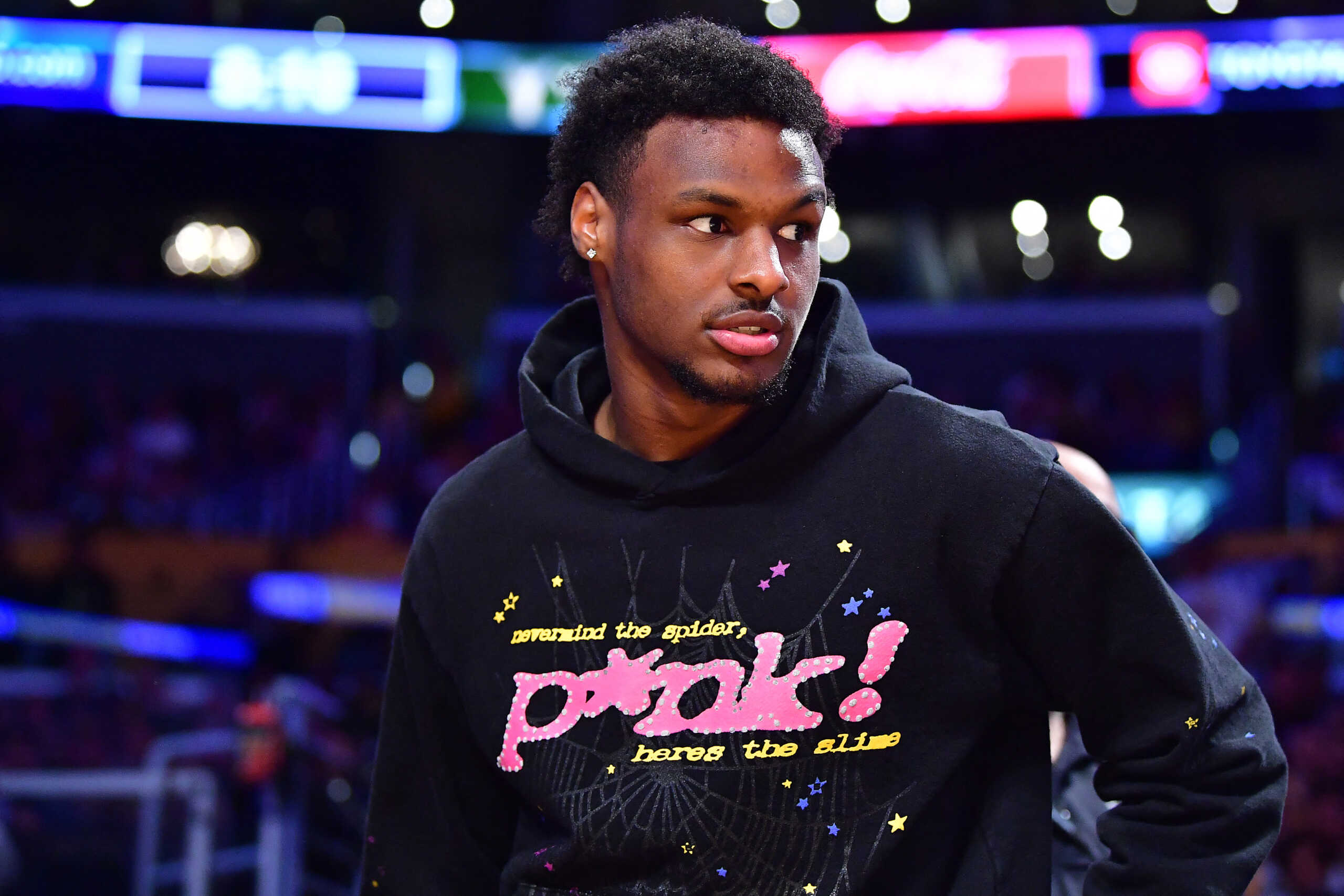 May 6, 2023; Los Angeles, California, USA; Bronny James in attendance as the Los Angeles Lakers play against the Golden State Warriors during the second half in game three of the 2023 NBA playoffs at Crypto.com Arena. Mandatory Credit: Gary A. Vasquez-USA TODAY Sports