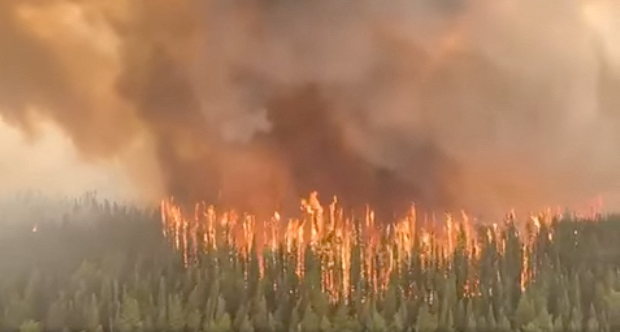 FILE PHOTO: An aerial view shows West Kiskatinaw River wildfire in British Columbia, Canada, June 9, 2023 in this screen grab obtained from a social media video. BC Wildfire Service via Facebook