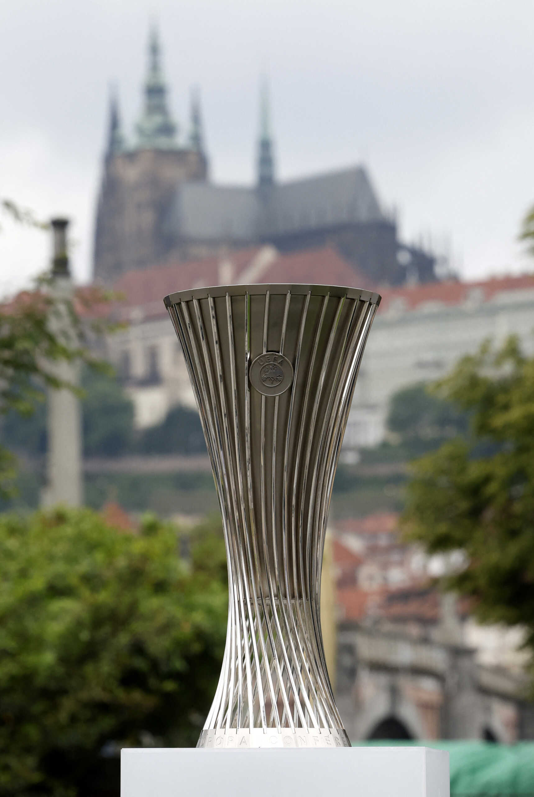 Soccer Football - Europa Conference League - Fans gather in Prague ahead of the Europa Conference League Final - Prague, Czech Republic - June 6, 2023 General view of the Europa Conference League trophy REUTERS