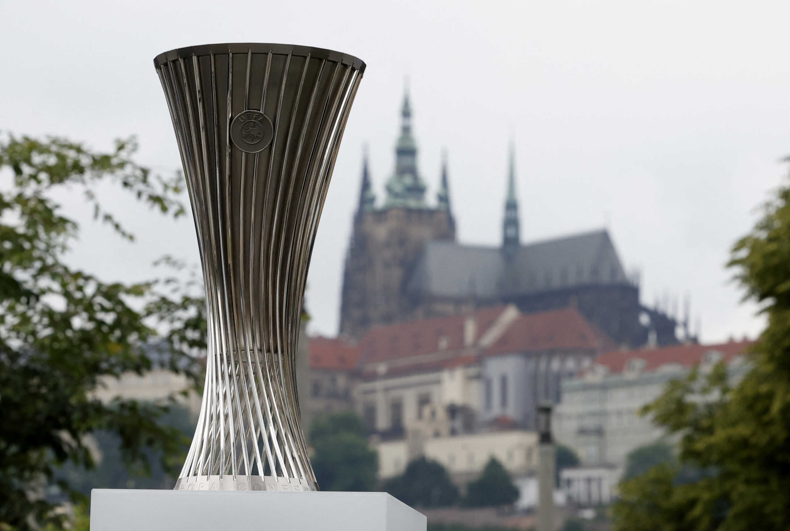 Soccer Football - Europa Conference League - Fans gather in Prague ahead of the Europa Conference League Final - Prague, Czech Republic - June 6, 2023 General view of the Europa Conference League trophy REUTERS