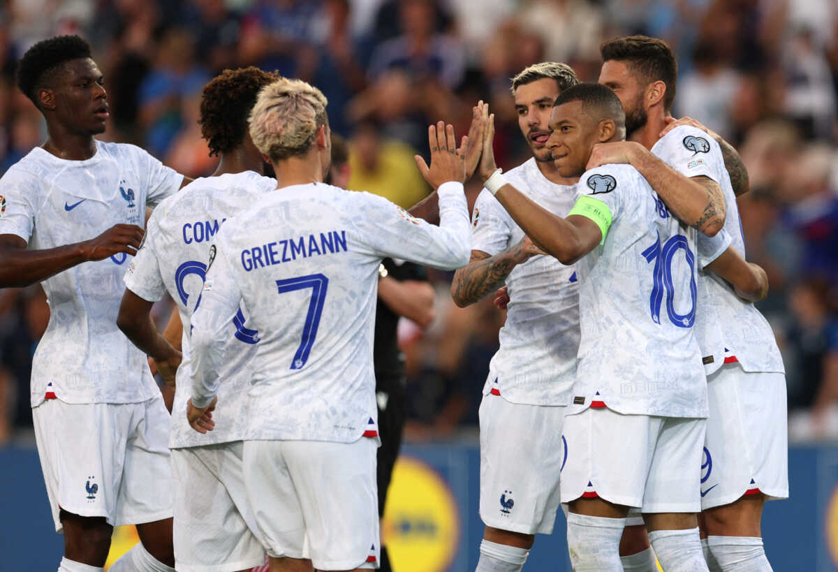 Soccer Football - UEFA Euro 2024 Qualifier - Group B - Gibraltar v France - Estadio Algarve - Faro, Portugal - June 16, 2023 France's Kylian Mbappe celebrates scoring their second goal with teammates REUTERS