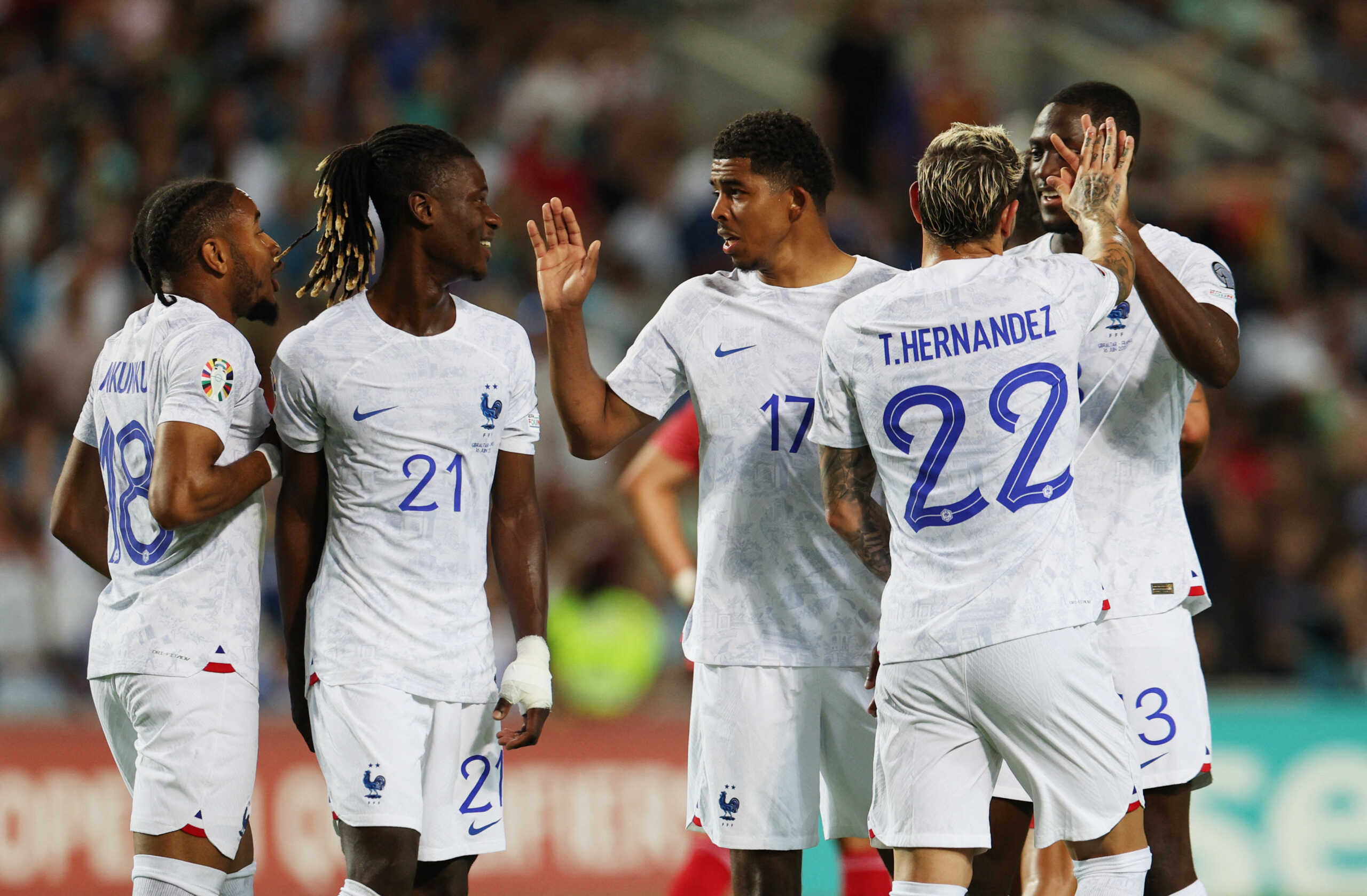 Soccer Football - UEFA Euro 2024 Qualifier - Group B - Gibraltar v France - Estadio Algarve - Faro, Portugal - June 16, 2023 France's Wesley Fofana celebrates after Gibraltar's Aymen Mouelhi scored an own goal and the third for France REUTERS