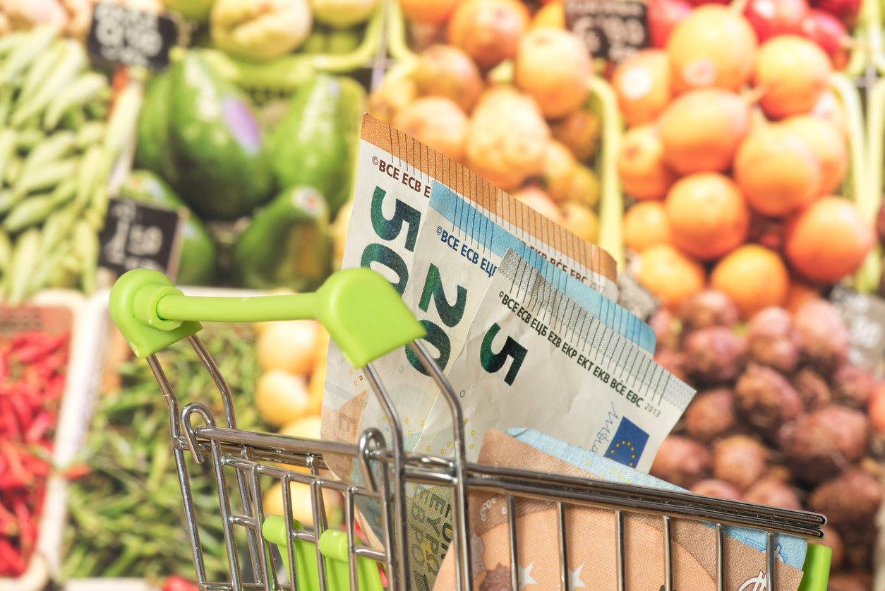 Shopping cart, Euro money and food