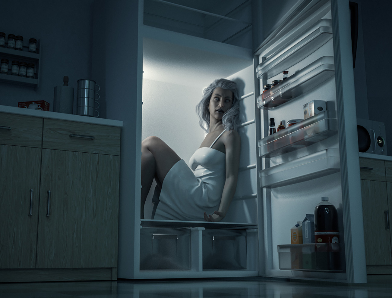 In this odd and horrifying scene, the (dead?) body of a beautiful woman is inside a refrigerator. The door is open, and the scene is lit by moonlight and the light from the single bulb inside the refrigerator. The woman's eyes are clouded over, as if she has been frozen, and her skin has a bluish tone.