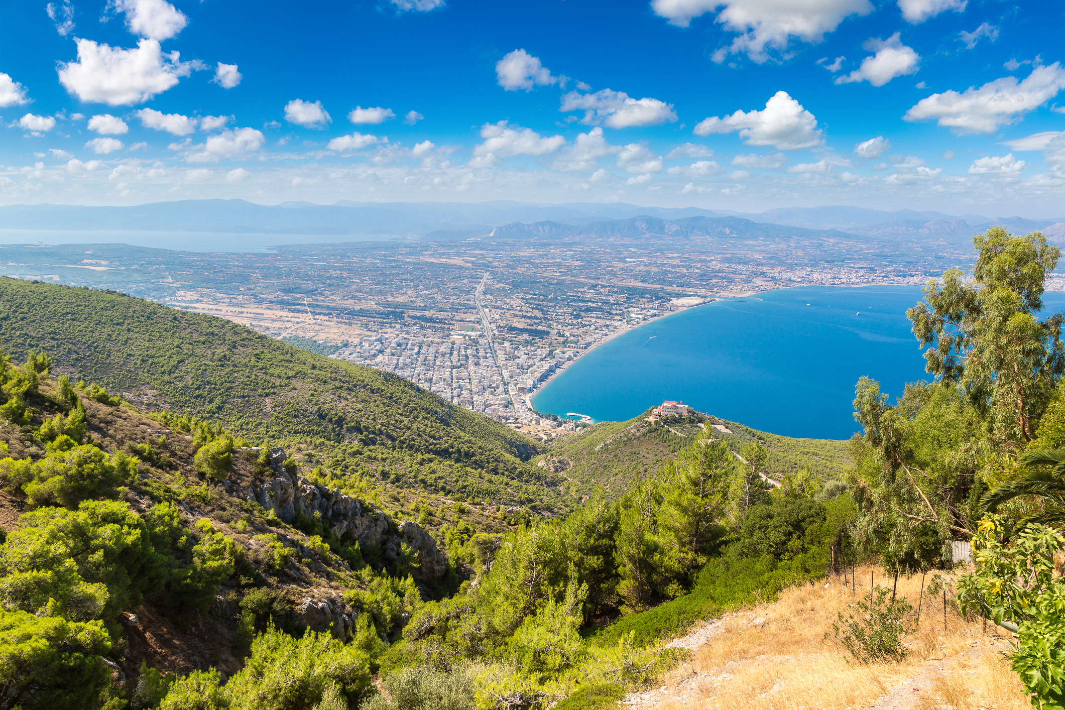 Panoramic view of Loutraki and Aegean sea, Greece in a summer day