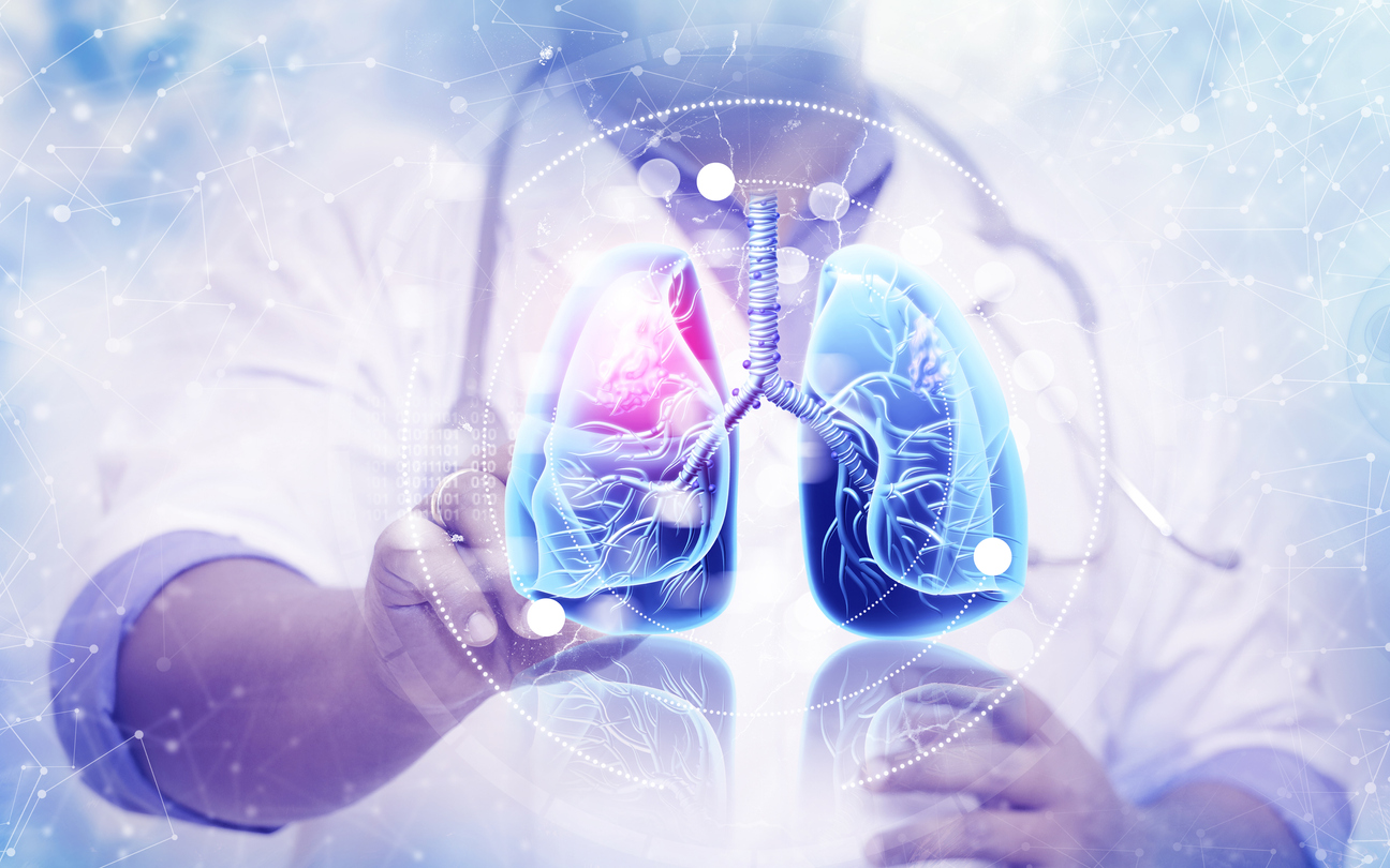 Doctor listens to the lungs on science background