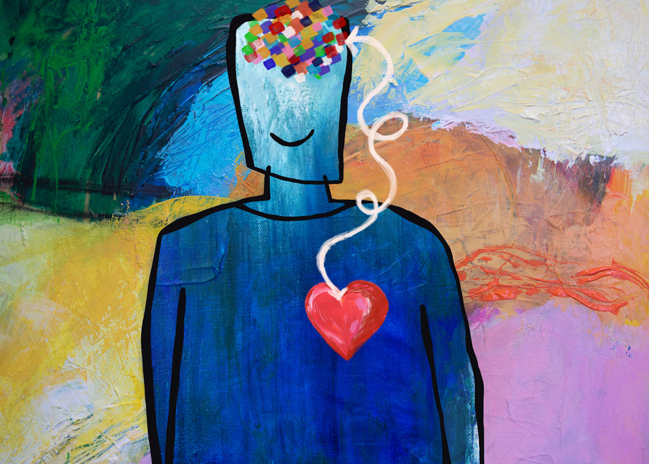 Mind and heart connection. man with brain and heart connected.