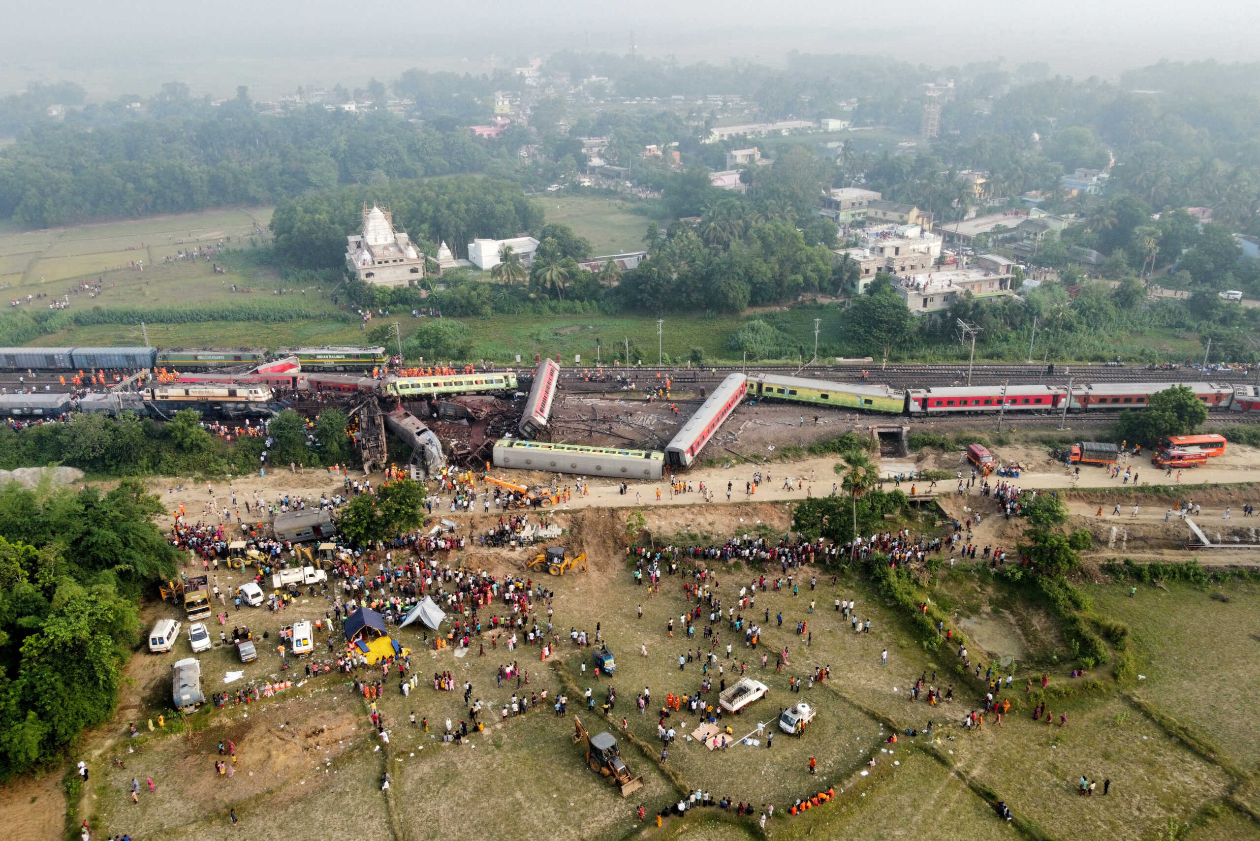 A drone view shows derailed coaches after two passenger trains collided in Balasore district in the eastern state of Odisha, India, June 3, 2023. REUTERS