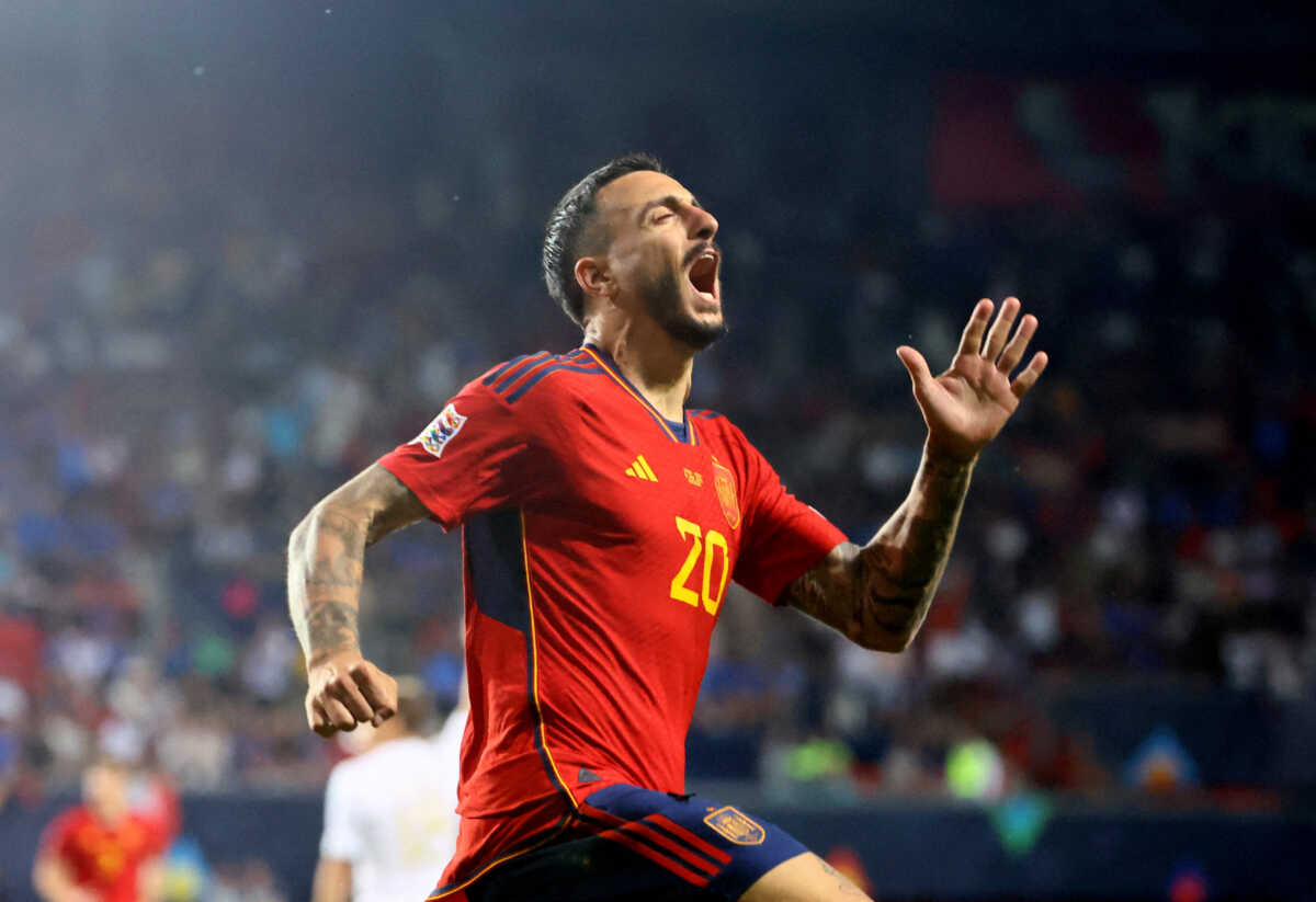 Soccer Football - UEFA Nations League - Semi Final - Spain v Italy -  De Grolsch Veste, Enschede, Netherlands - June 15, 2023 Spain's Joselu celebrates scoring their second goal REUTERS