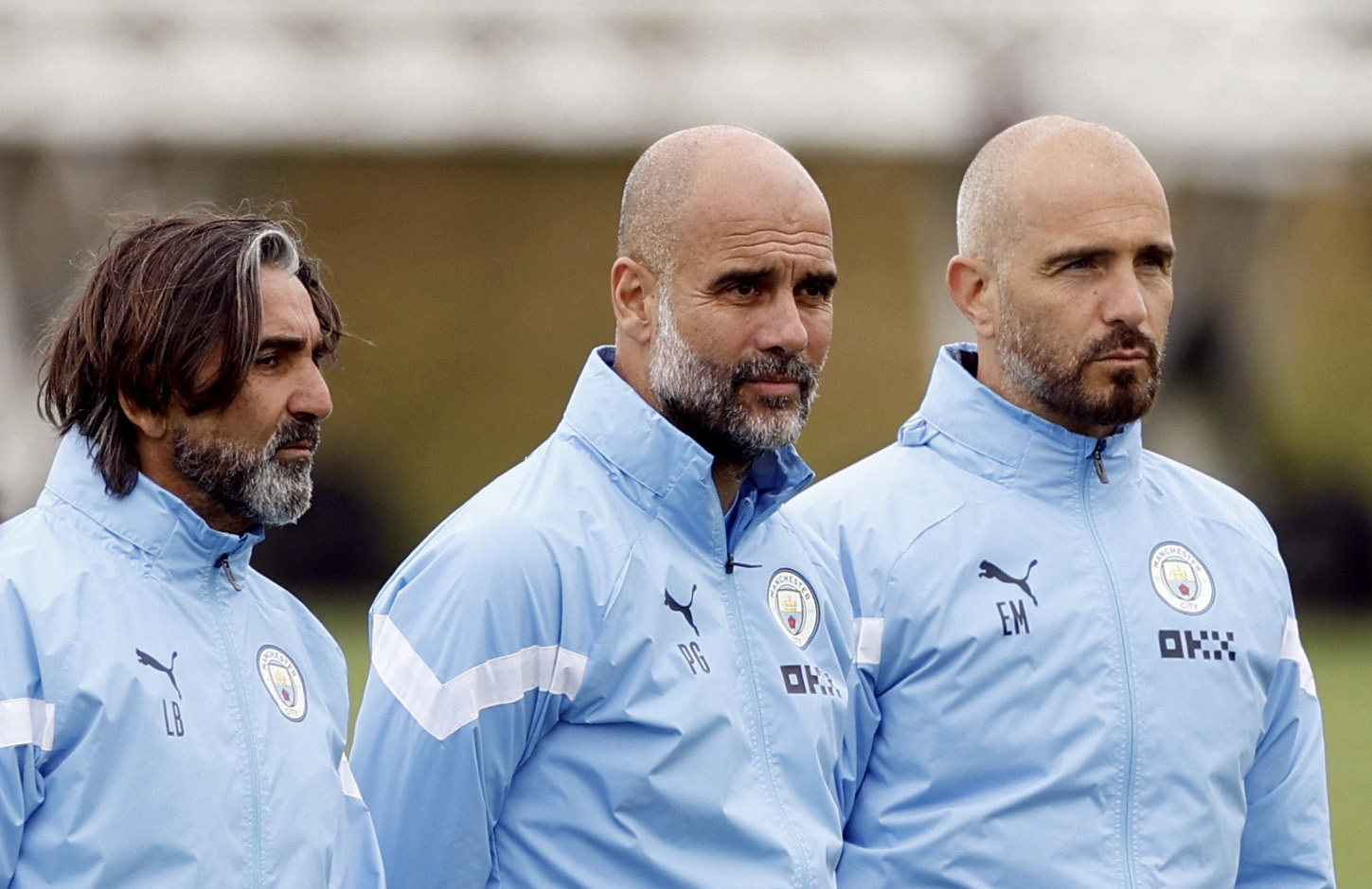 Soccer Football - Champions League - Final - Manchester City Media Day - Etihad Campus, Manchester, Britain - June 6, 2023 Manchester City manager Pep Guardiola, fitness coach Lorenzo Buenaventura and first team coach Enzo Maresca during training Action Images via Reuters