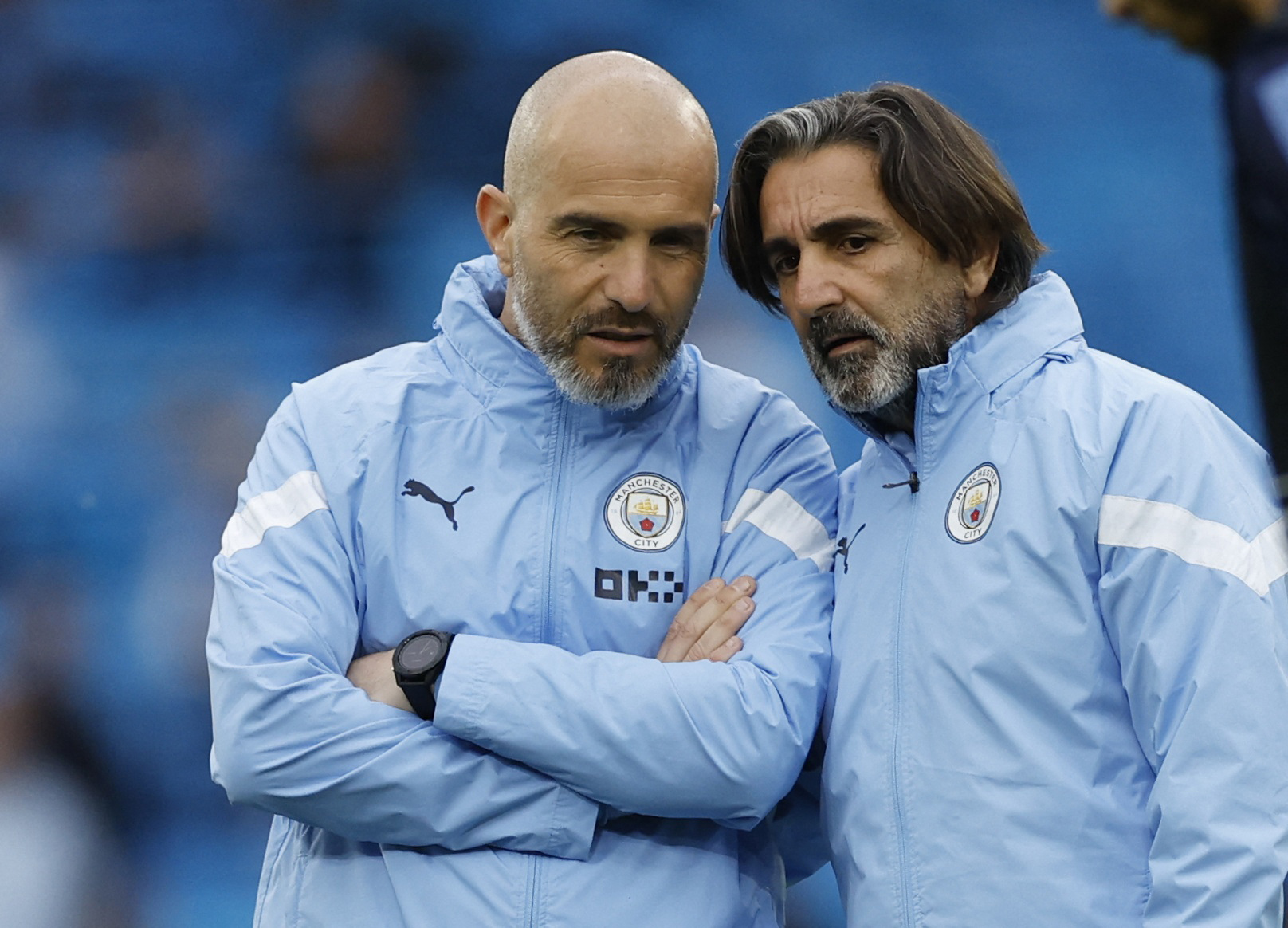 Soccer Football - Champions League - Semi Final - Second Leg - Manchester City v Real Madrid - Etihad Stadium, Manchester, Britain - May 17, 2023  Manchester City assistant manager's Enzo Maresca and Lorenzo Buenaventura before the match Action Images via Reuters