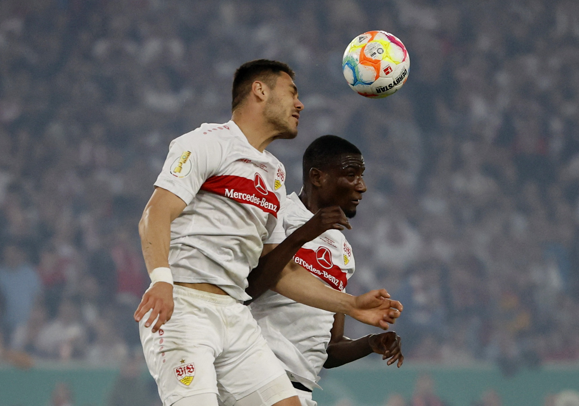 Soccer Football - DFB Cup - Semi Final - VfB Stuttgart v Eintracht Frankfurt - Mercedes-Benz Arena, Stuttgart, Germany - May 3, 2023 VfB Stuttgart's Konstantinos Mavropanos and Serhou Guirassy in action REUTERS