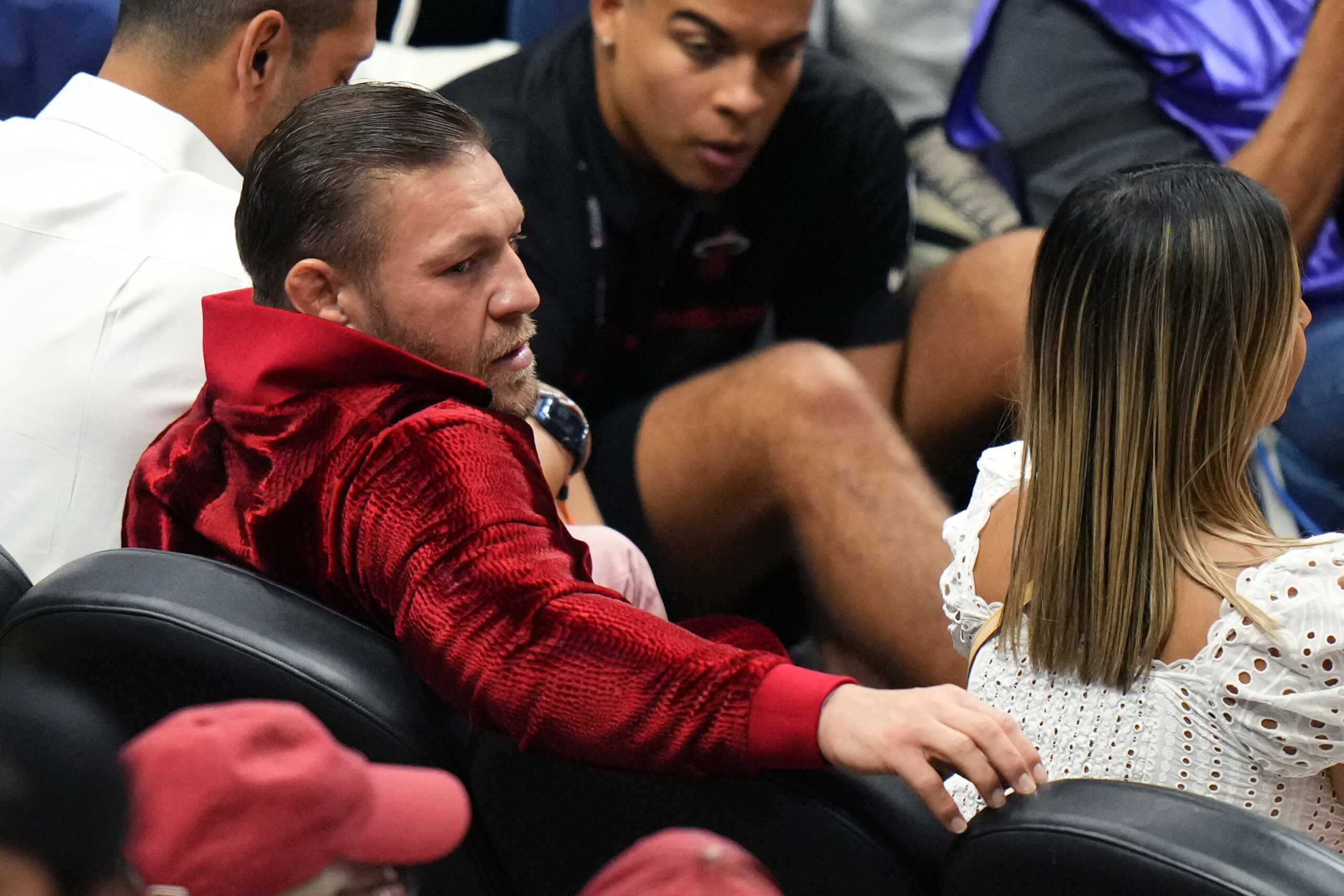 Jun 9, 2023; Miami, Florida, USA; Irish mixed martial artist Conor McGregor looks on during the first half in game four of the 2023 NBA Finals between the Miami Heat and the Denver Nuggets at Kaseya Center. Mandatory Credit: Rich Storry-USA TODAY Sports