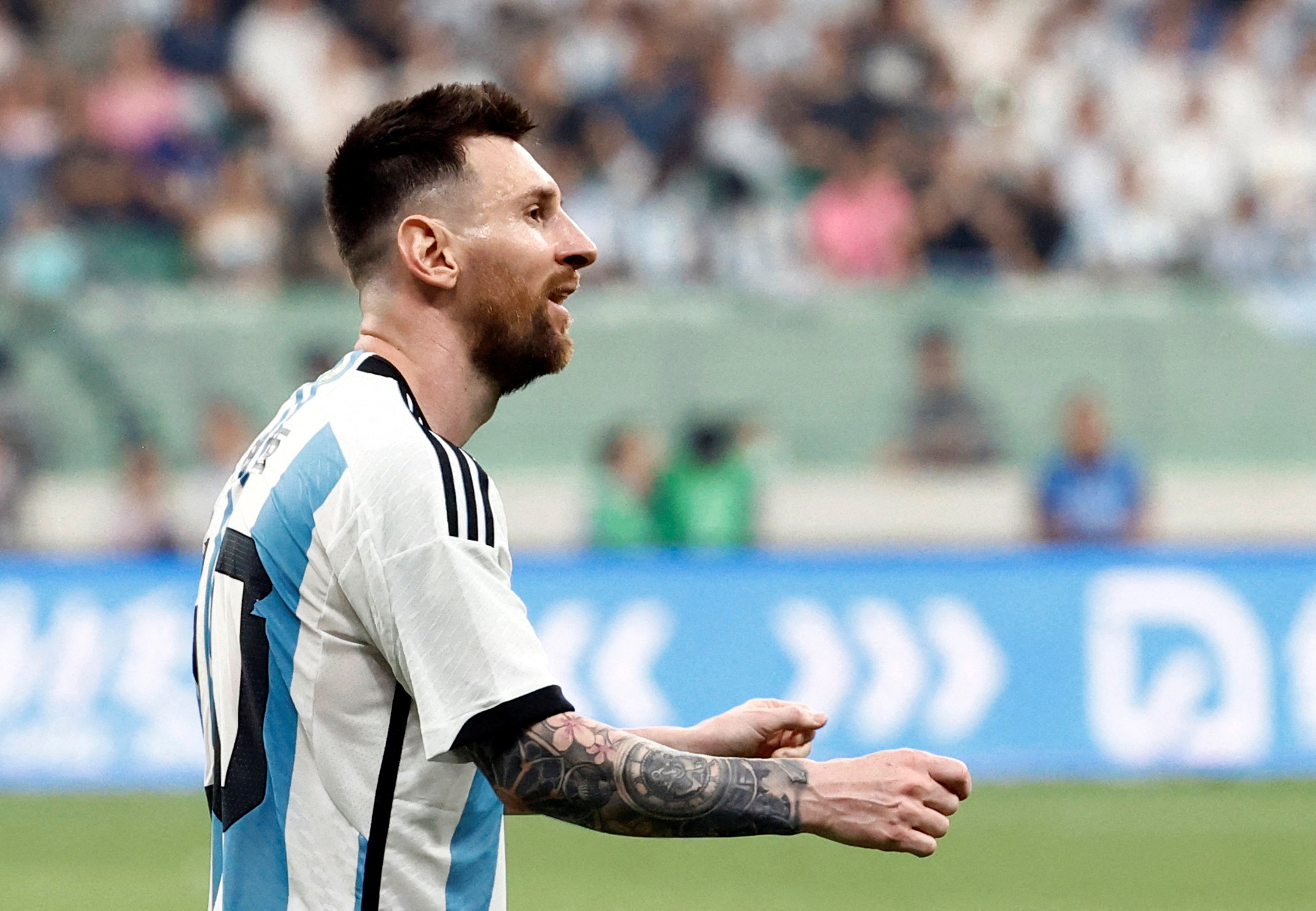FILE PHOTO: Soccer Football - Friendly - Argentina v Australia - Workers' Stadium, Beijing, China - June 15, 2023 Argentina's Lionel Messi reacts REUTERS