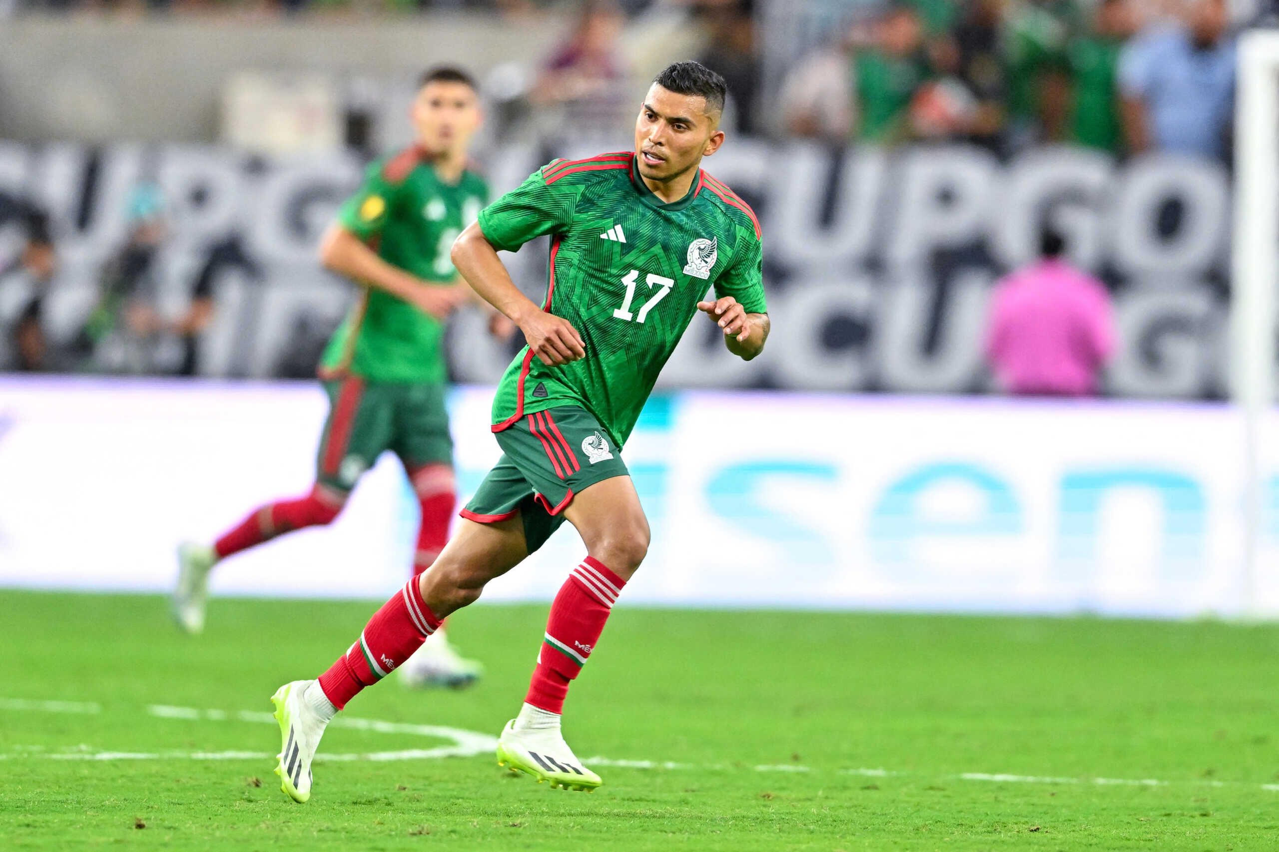Jun 25, 2023; Houston, Texas, USA; Mexico midfielder Orbelin Pineda (17) in action during the second half against Honduras at NRG Stadium. Mandatory Credit: Maria Lysaker-USA TODAY Sports