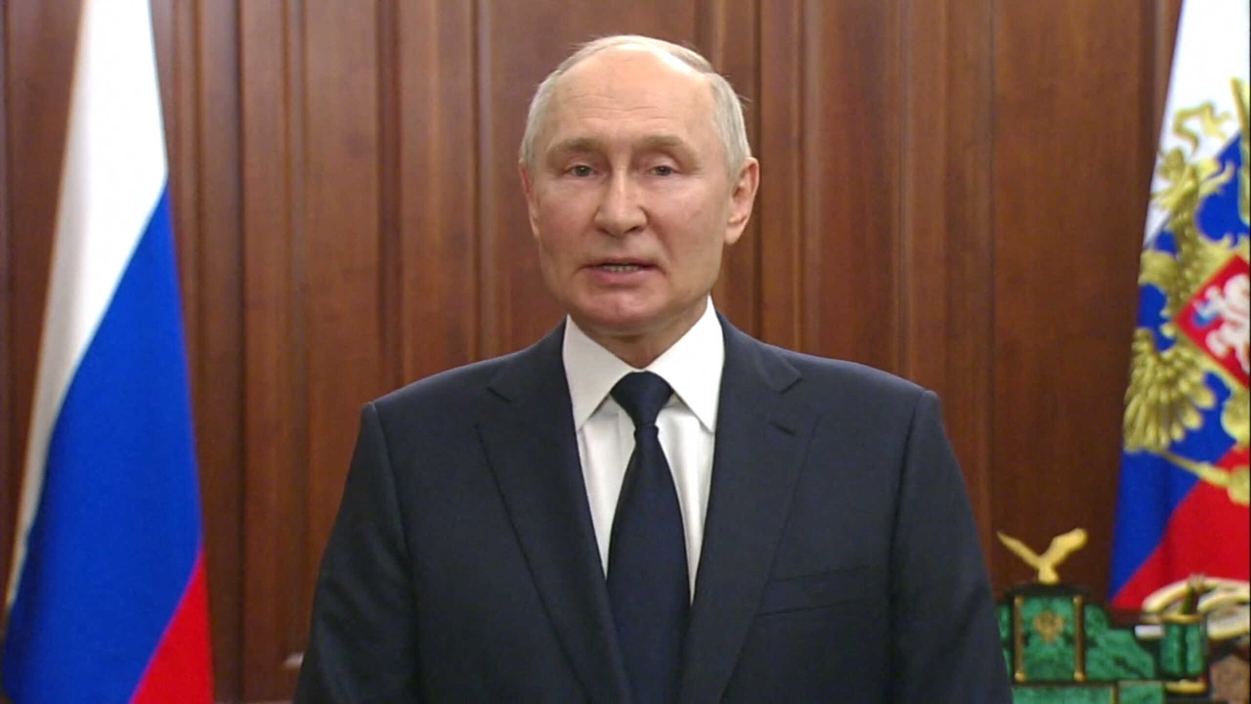 Russian President Vladimir Putin gives a televised address in Moscow, Russia, June 26, 2023, in this still image taken from video. Kremlin.ru