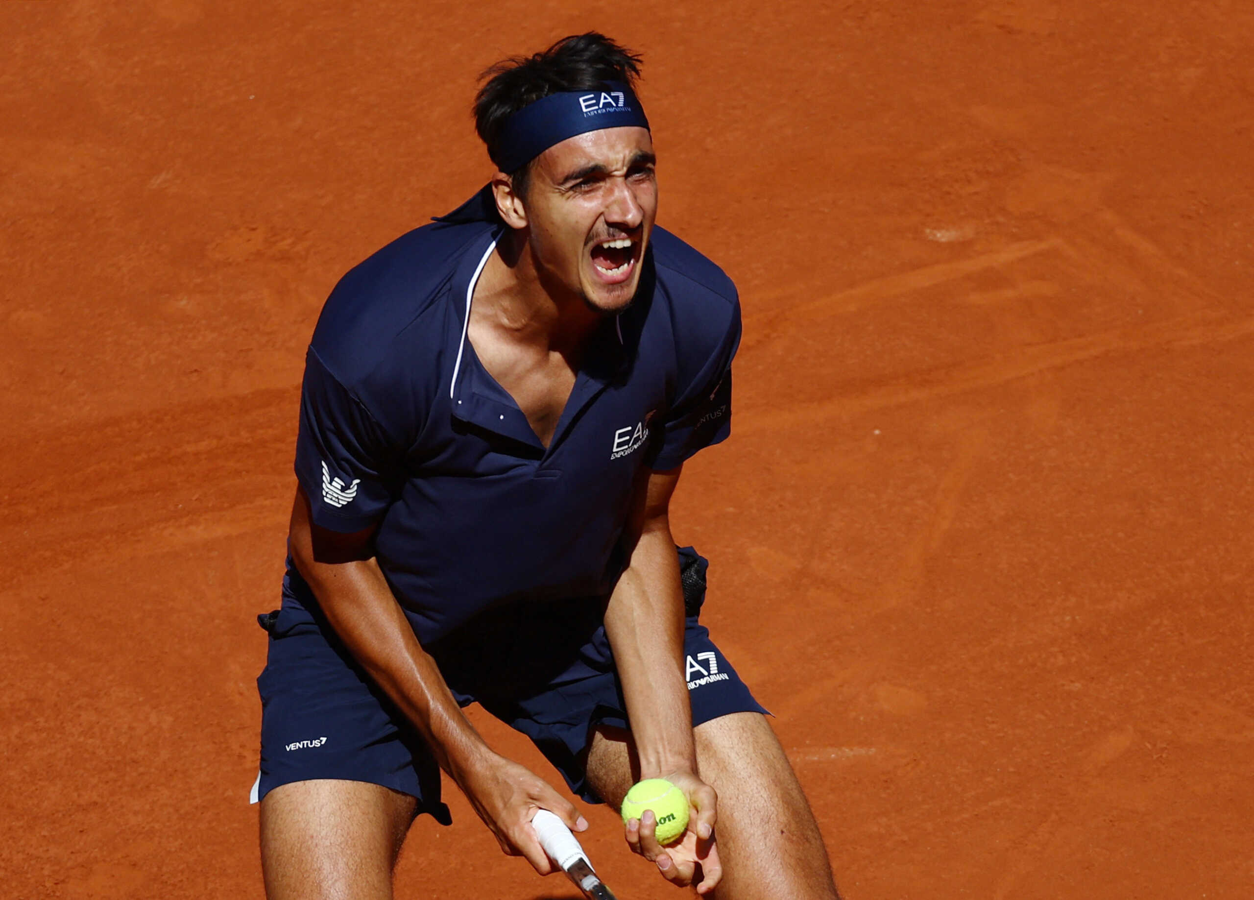 Tennis - French Open - Roland Garros, Paris, France - June 2, 2023  Italy's Lorenzo Sonego celebrates winning his third round match against Russia's Andrey Rublev REUTERS