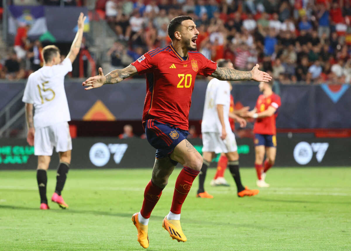 Soccer Football - UEFA Nations League - Semi Final - Spain v Italy -  De Grolsch Veste, Enschede, Netherlands - June 15, 2023 Spain's Joselu celebrates scoring their second goal REUTERS