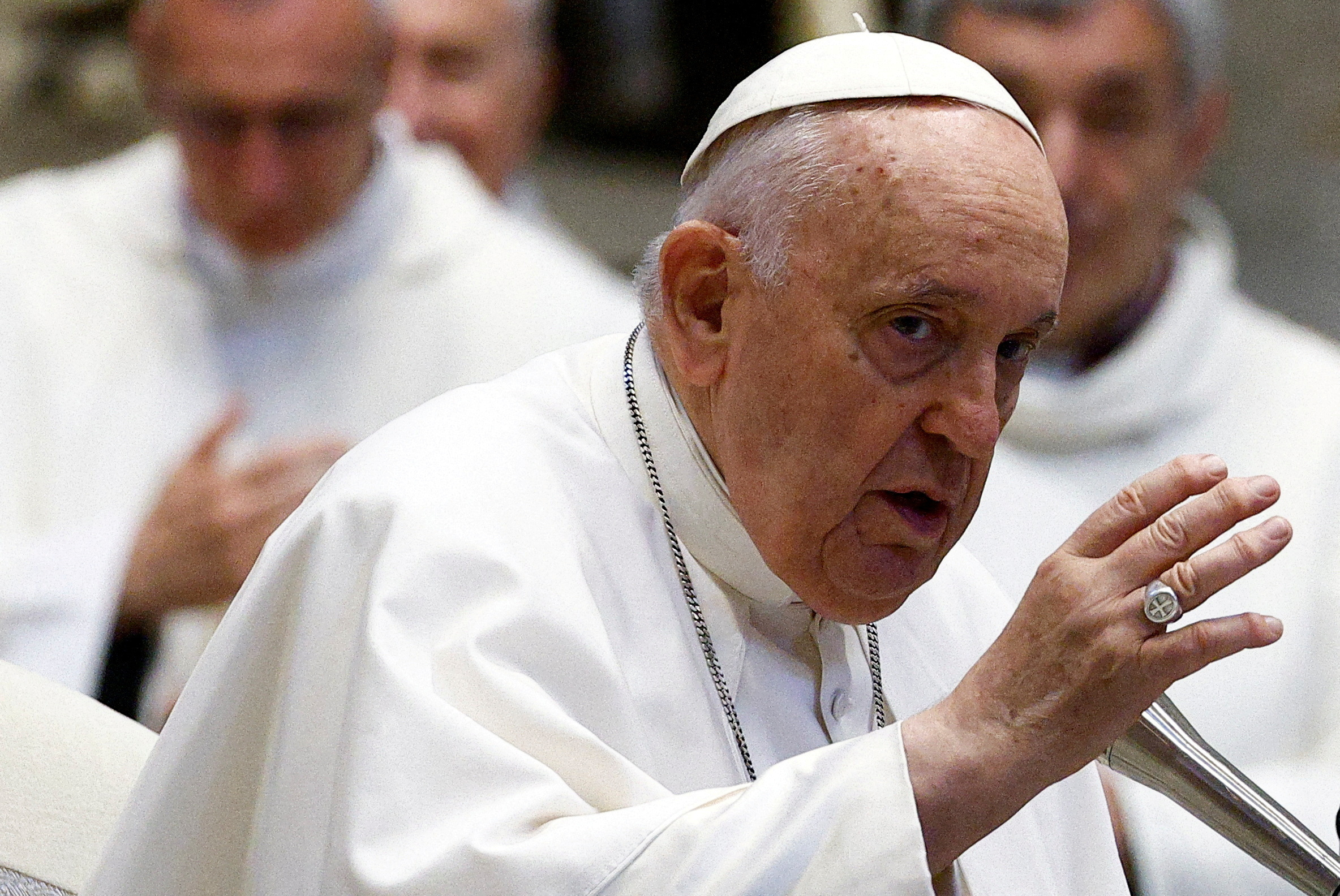 Pope Francis speaks during a meeting with pilgrims from Concesio and Sotto il Monte in St. Peter's Basilica, at the Vatican, June 3, 2023. REUTERS