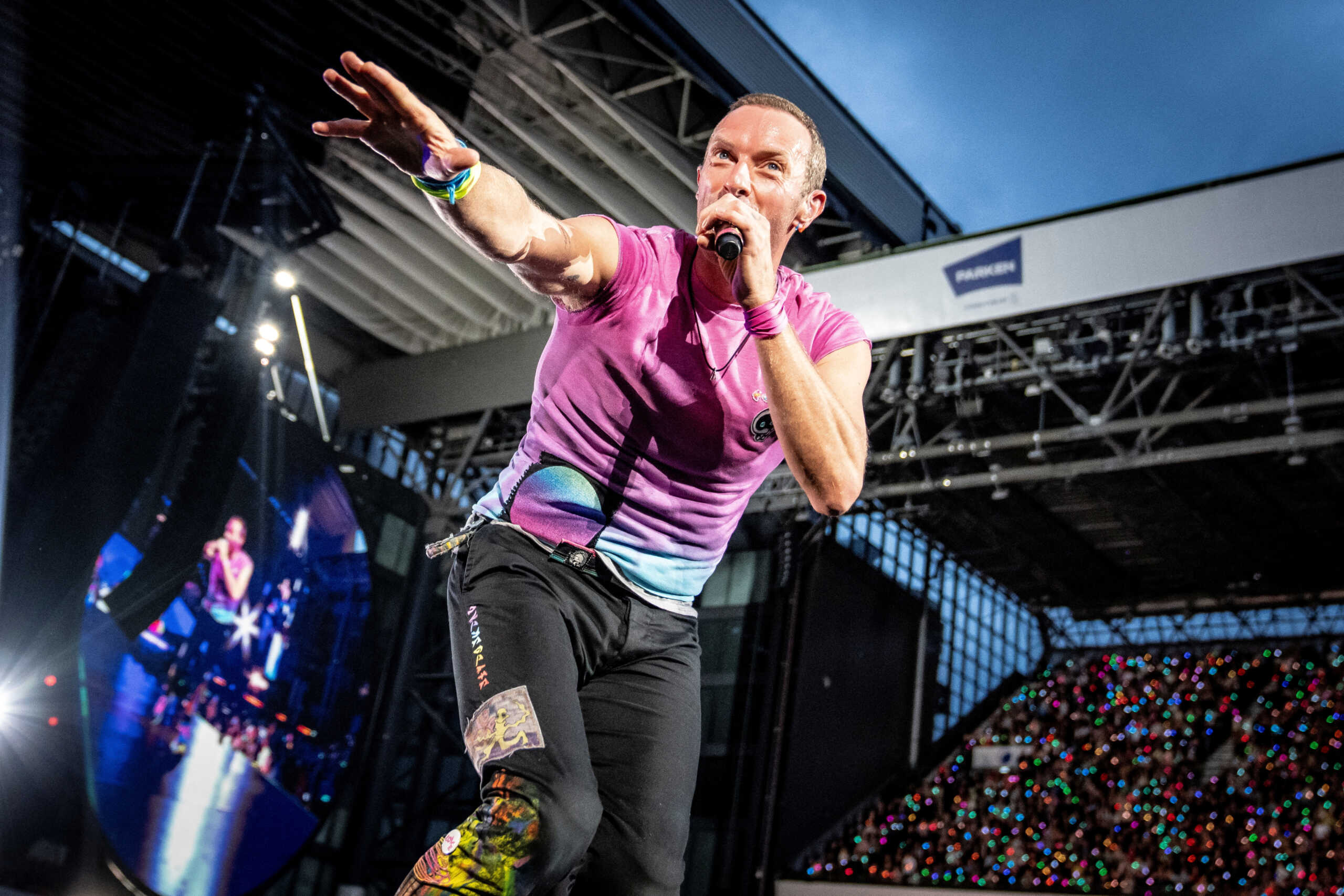 British singer Chris Martin of British band Coldplay performs at Parken Stadium in Copenhagen, Denmark July 5, 2023. Ritzau Scanpix
