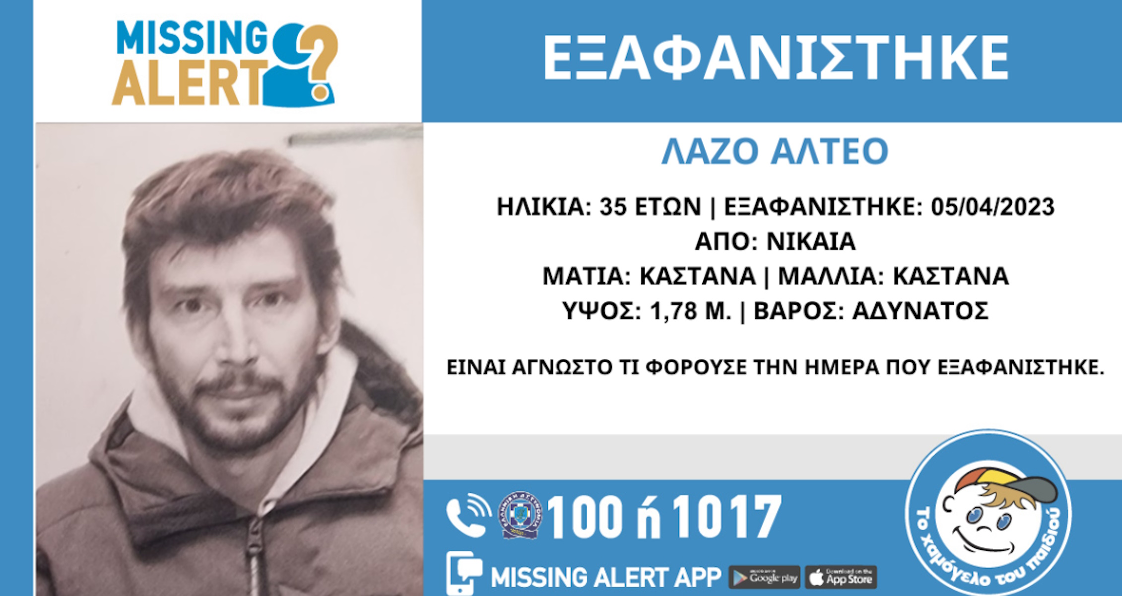 Νίκαια: Αγνοείται 35χρονος από τις 5 Απριλίου – Η ανακοίνωση από το «Χαμόγελο του Παιδιού»