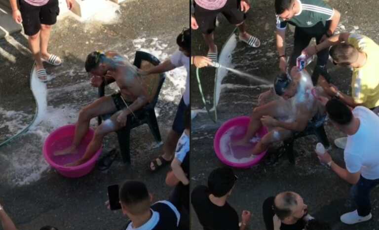 Viral έγινε το μπάνιο του γαμπρού σε χωριό της Κρήτης - Τον έδεσαν και τον έλουσαν με απορρυπαντικό