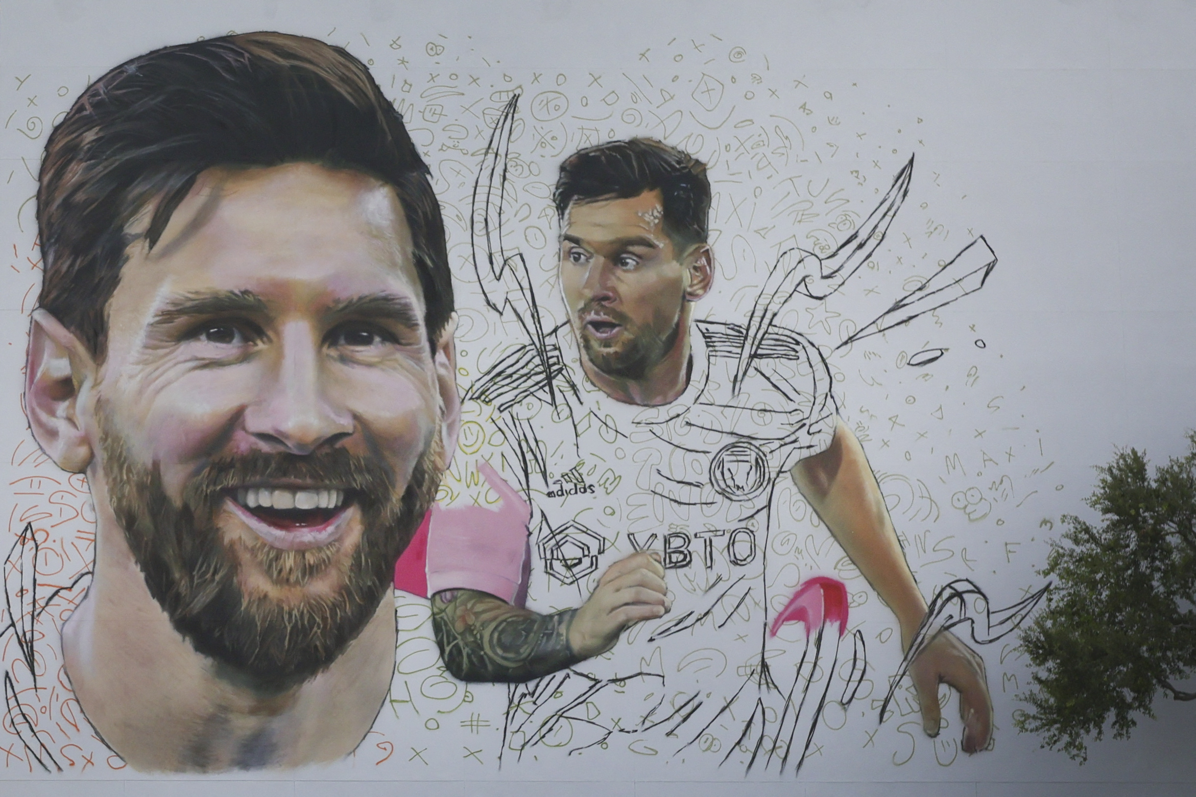 Jul 11, 2023; Miami, FL, USA; A mural of Argentine soccer player Lionel Messi by artist Maxi Bagnasco is seen in the Miami neighborhood of Wynwood as Messi is set to be presented as an Inter Miami CF player later this week Mandatory Credit: Sam Navarro-USA TODAY Sports