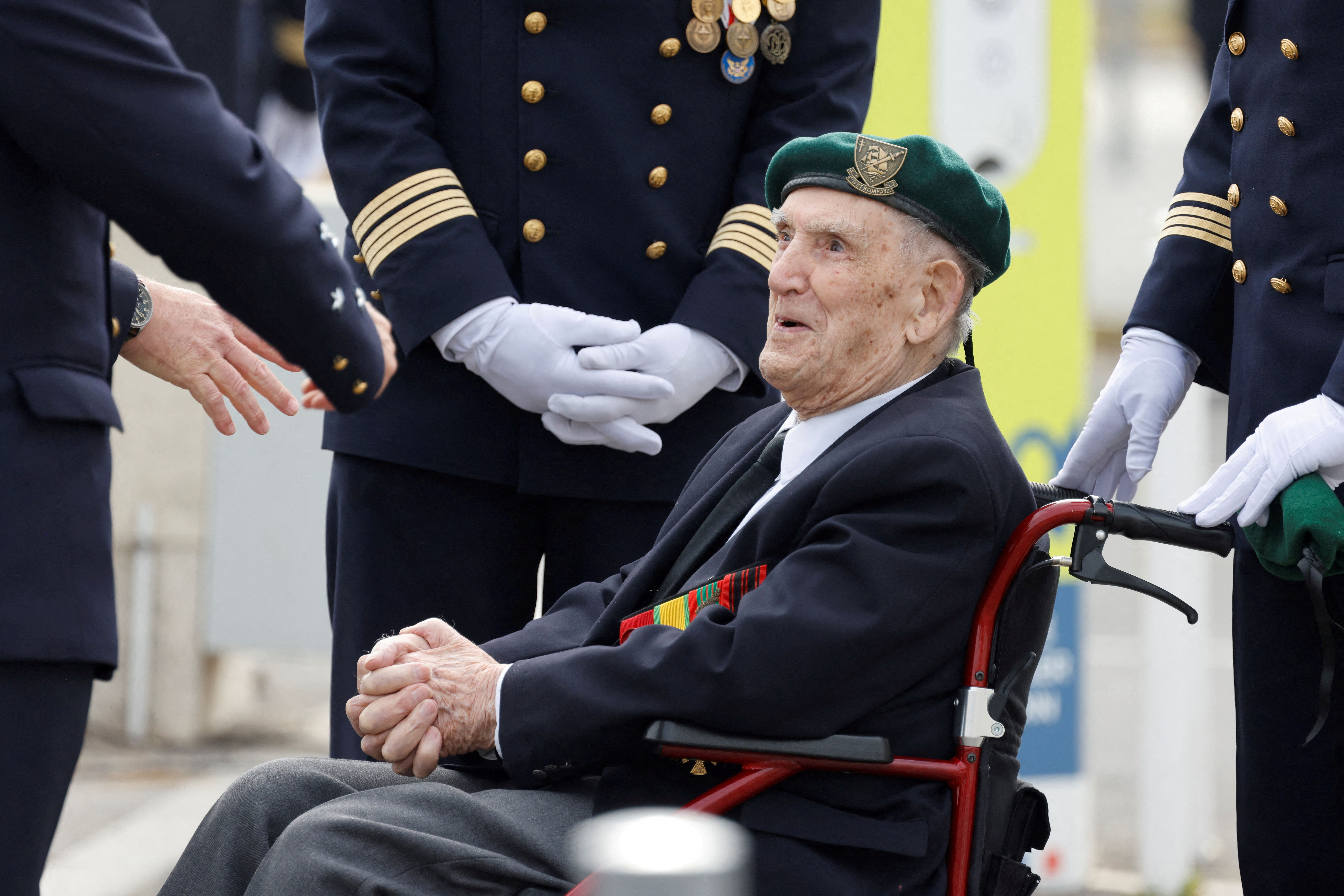 French WWII veteran of the Commando Kieffer Leon Gautier attends a ceremony in tribute to the 177 French members of the "Commando Kieffer" Fusiliers Marins commando unit who took part in the Normandy landings, as part of the 79th anniversary of the World War II "D-Day" Normandy landings, in Colleville-Montgomery, Normandy, France June 6, 2023. Ludovic Marin