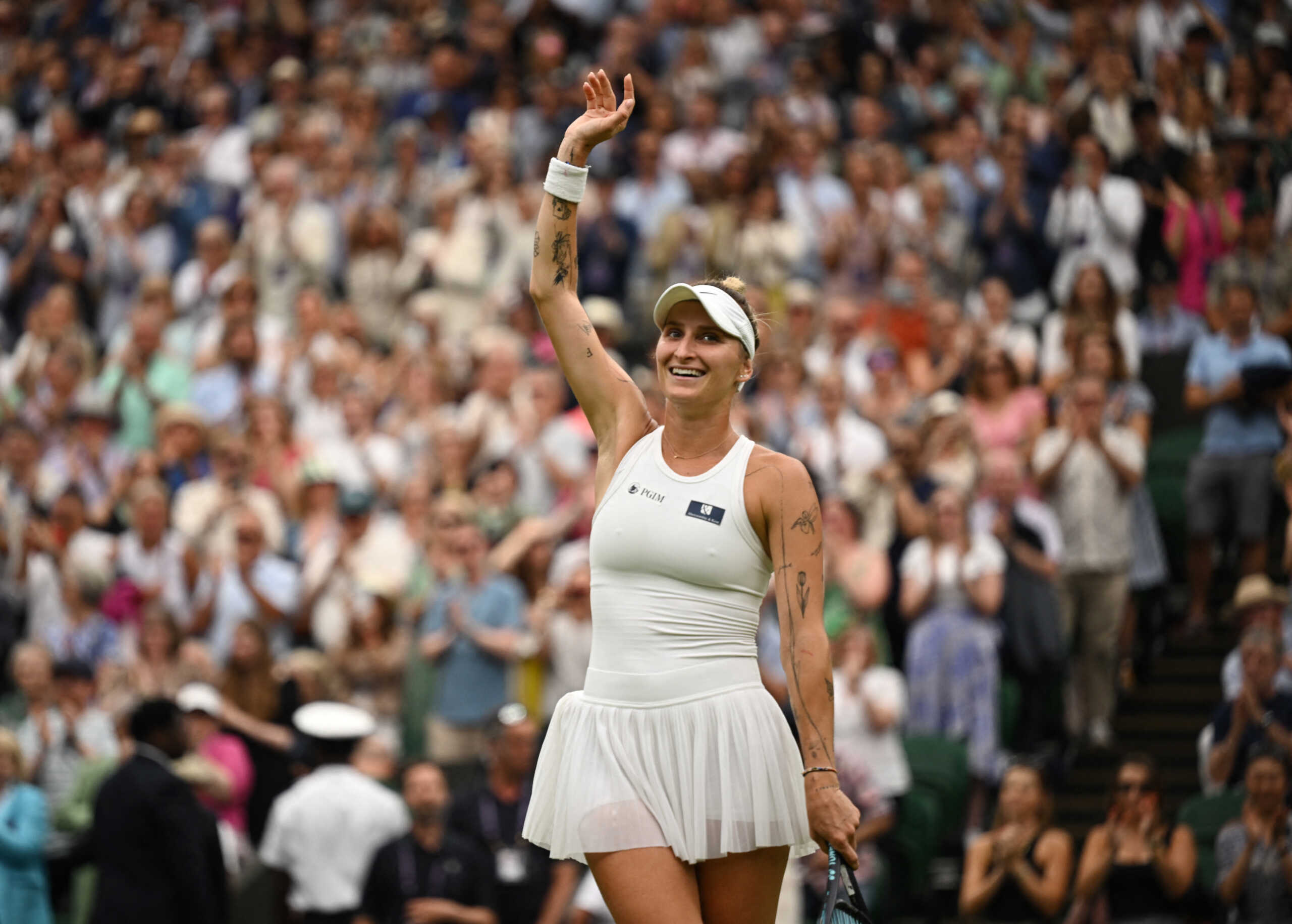 Tennis - Wimbledon - All England Lawn Tennis and Croquet Club, London, Britain - July 13, 2023 Czech Republic’s Marketa Vondrousova celebrates winning her semi final match against Ukraine’s Elina Svitolina REUTERS