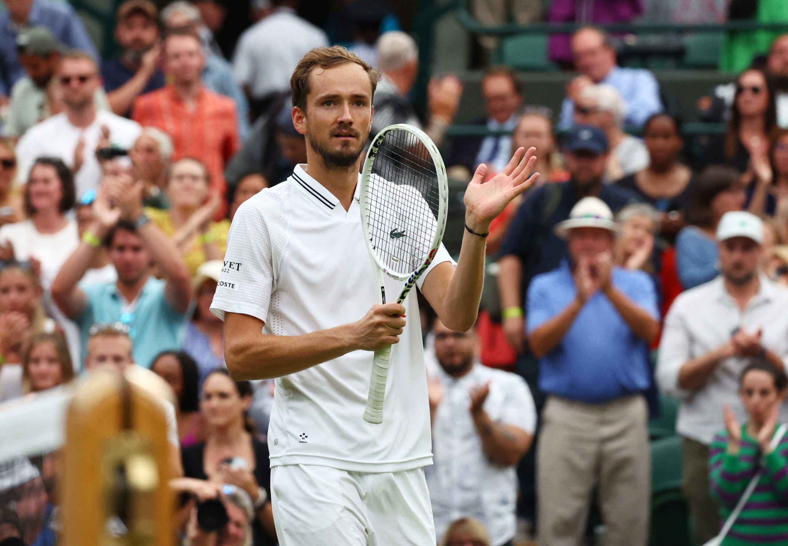 Tennis - Wimbledon - All England Lawn Tennis and Croquet Club, London, Britain - July 12, 2023 Russia's Daniil Medvedev celebrates winning his quarter final match against Christopher Eubanks of the U.S. REUTERS